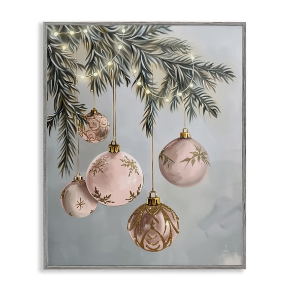 Stupell Industries Pink Hanging Christmas Ornaments Holiday Painting Gray Framed Art Print Wall Art, 11 x 14