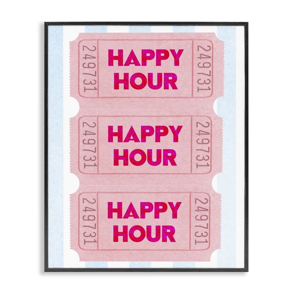 Stupell Industries Pink Happy Hour Tickets Quotes and Sayings Painting Black Framed Art Print Wall Art, 11 x 14