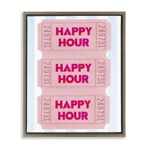 Stupell Industries Pink Happy Hour Tickets Quotes and Sayings Painting Brown Floater Framed Canvas Art Print Wall Art, 17 x 21