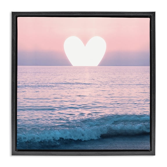 Stupell Industries Pink Heart Ocean Sunrise Landscape Painting Black Floater Framed Canvas Art Print Wall Art, 18 x 18