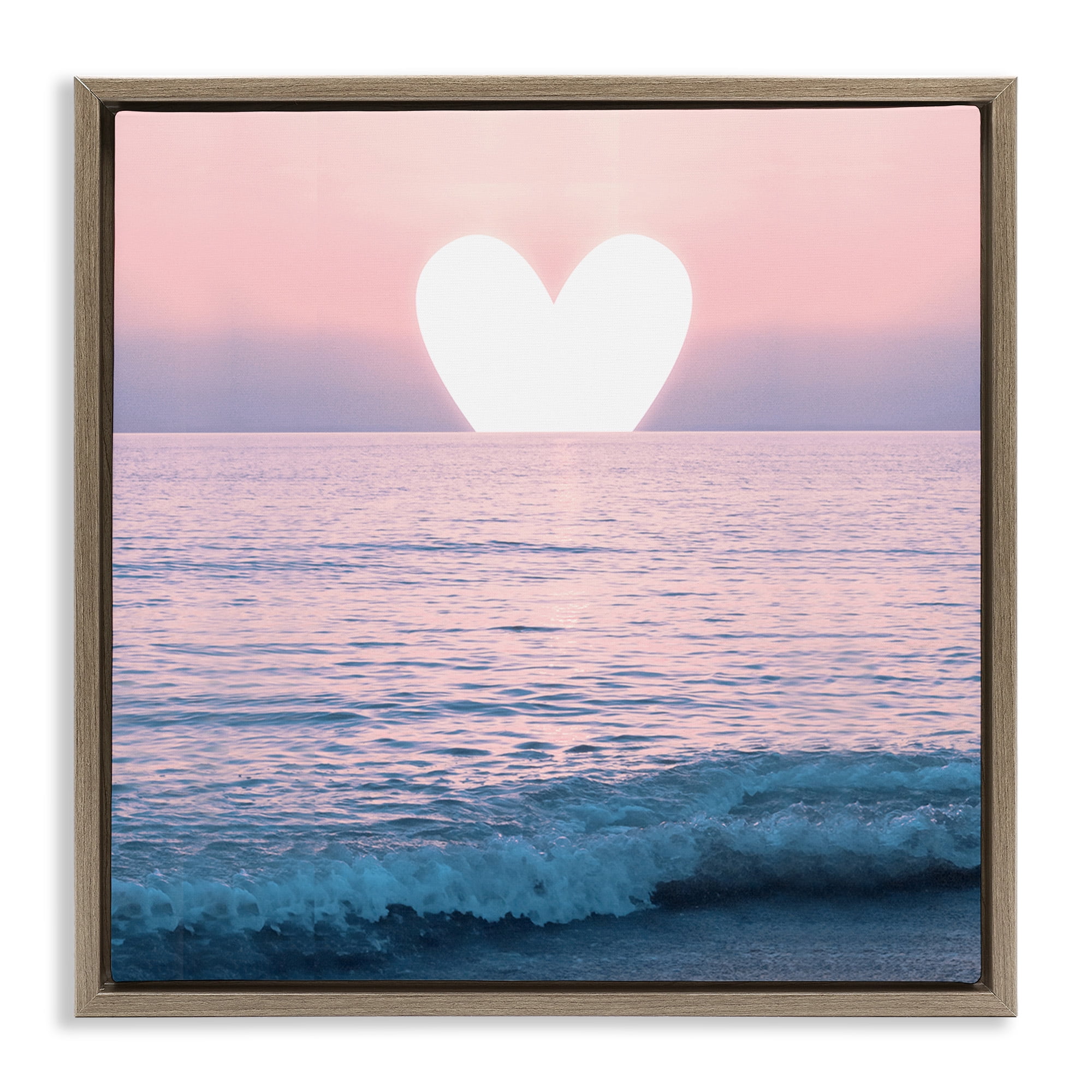 Stupell Industries Pink Heart Ocean Sunrise Landscape Painting Brown Floater Framed Canvas Art Print Wall Art, 18 x 18