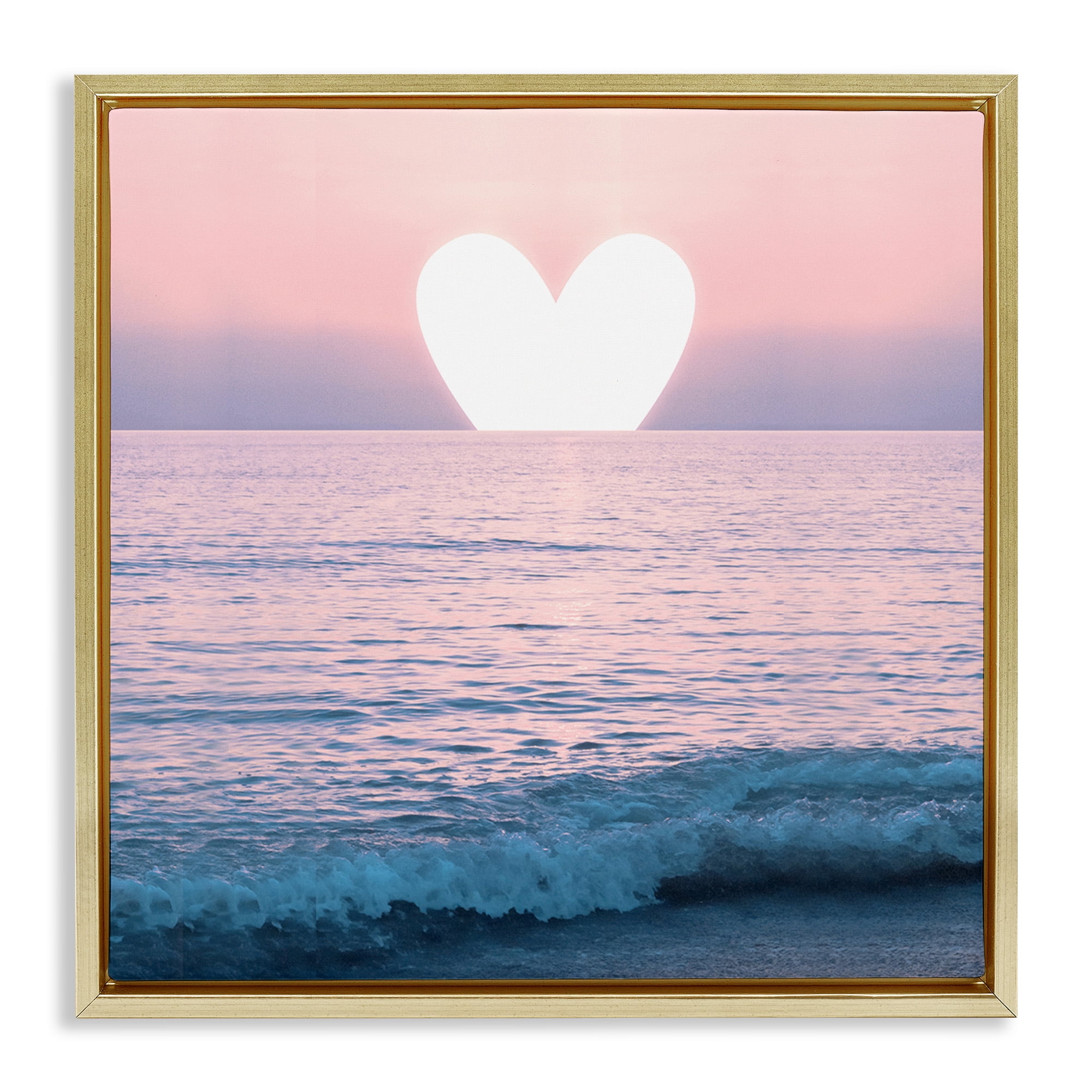 Stupell Industries Pink Heart Ocean Sunrise Landscape Painting Gold Floater Framed Canvas Art Print Wall Art, 18 x 18