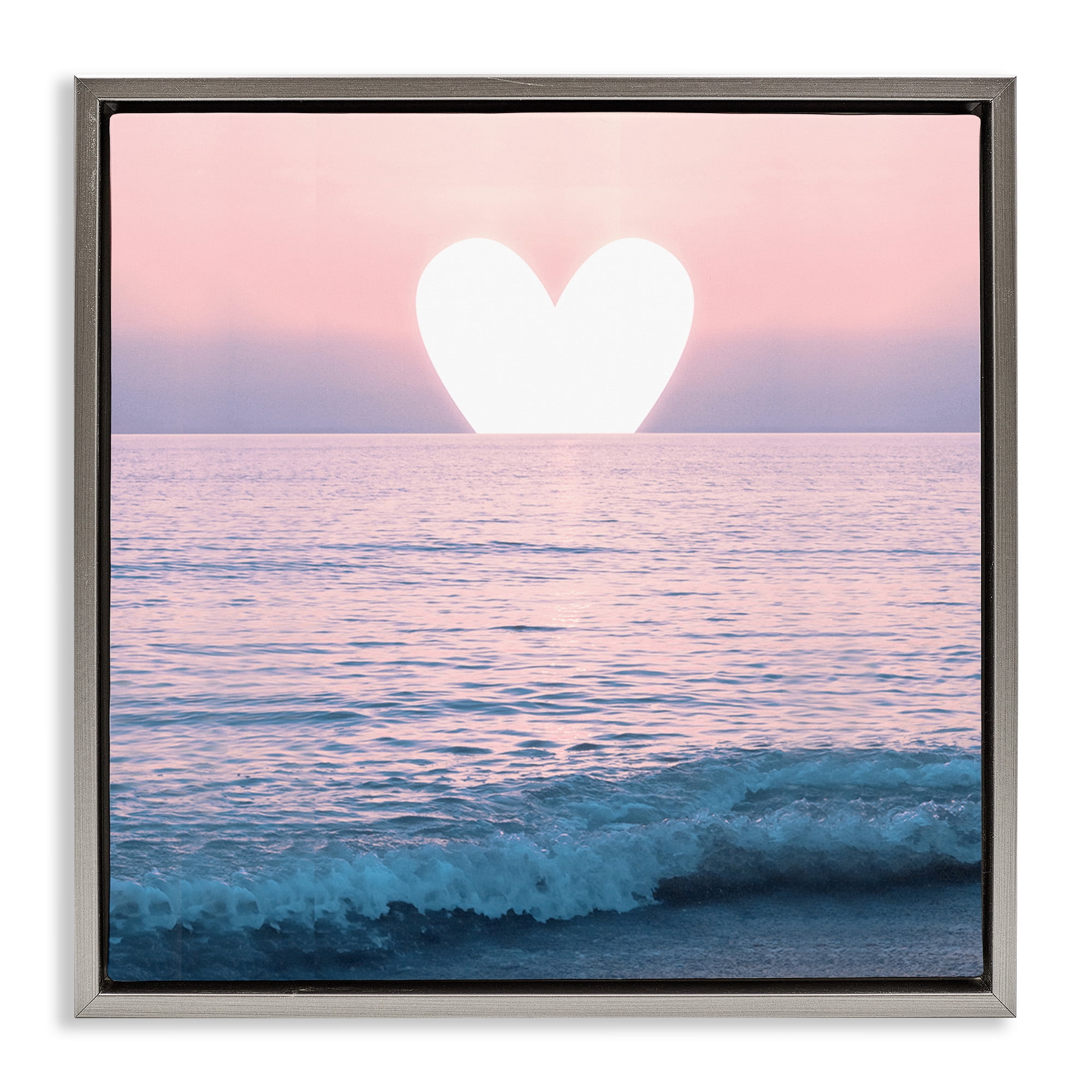 Stupell Industries Pink Heart Ocean Sunrise Landscape Painting Gray Floater Framed Canvas Art Print Wall Art, 18 x 18