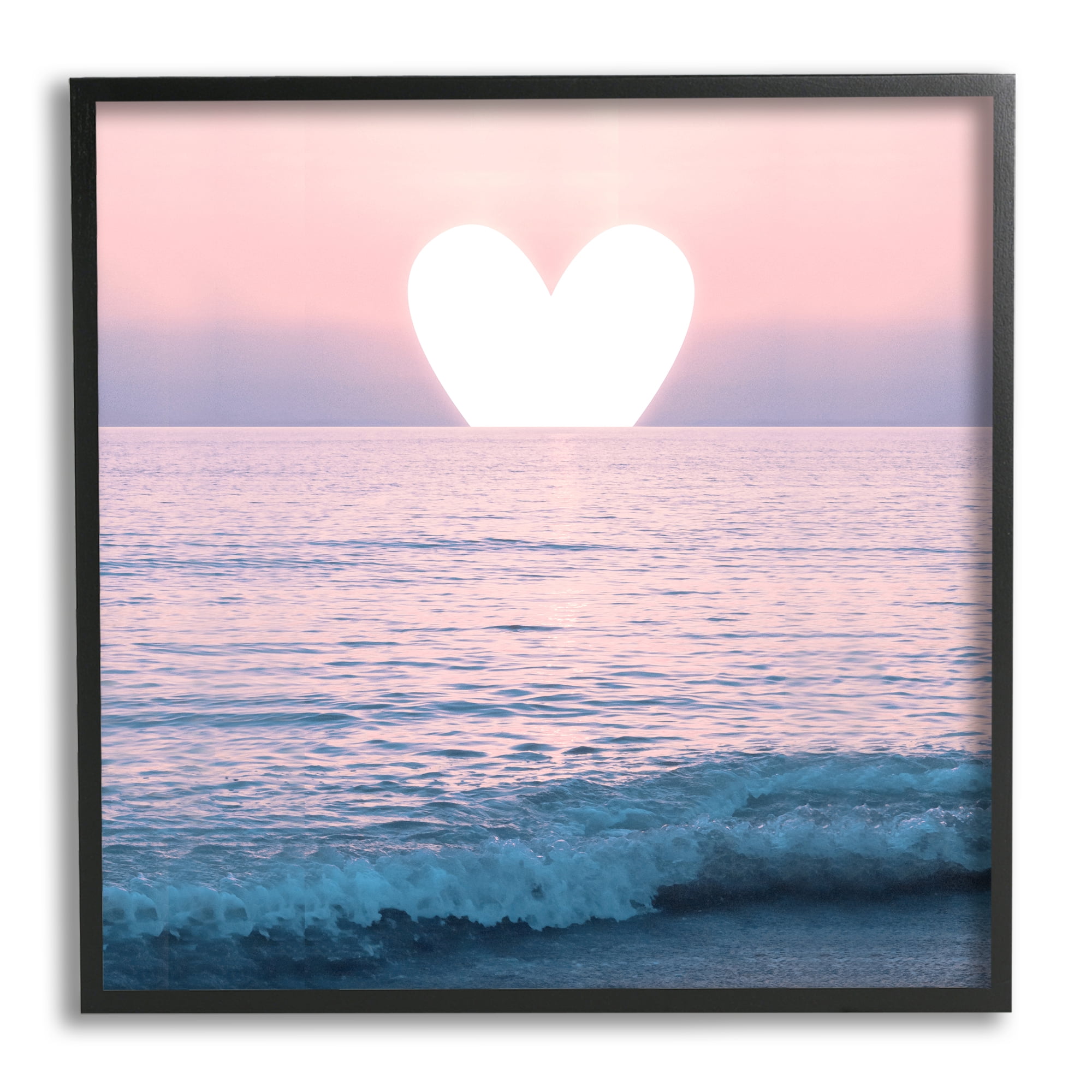 Stupell Industries Pink Heart Ocean Sunrise Nature Painting Black Framed Art Print Wall Art, 24 x 24
