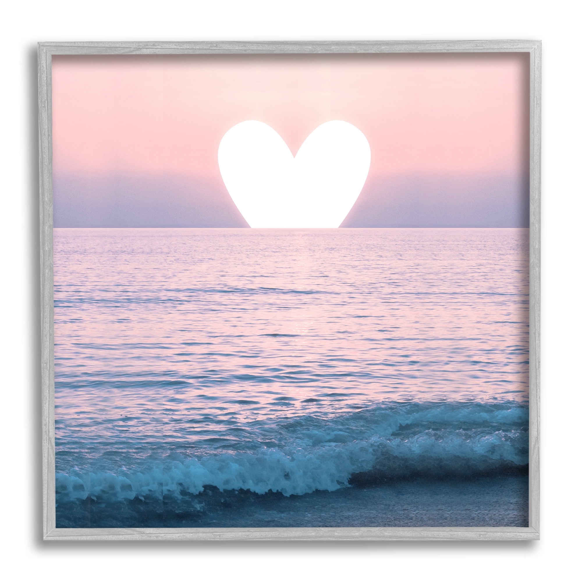 Stupell Industries Pink Heart Ocean Sunrise Nature Painting Gray Framed Art Print Wall Art, 17 x 17