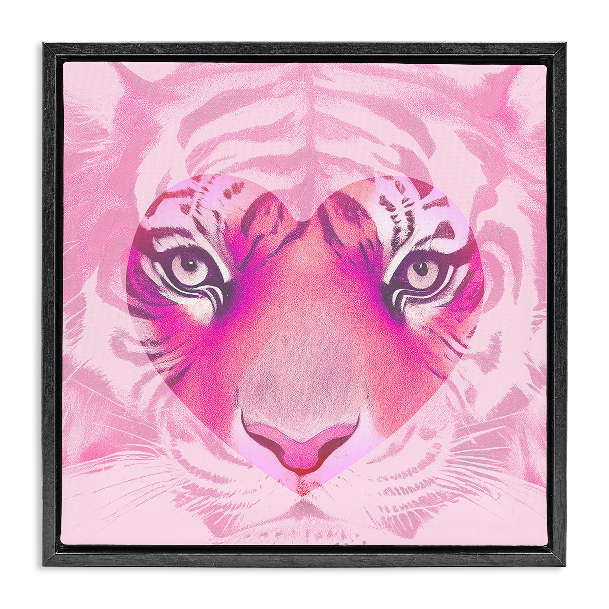Stupell Industries Pink Heart Tiger Face Animals Painting Black Floater Framed Canvas Art Print Wall Art, 25 x 25
