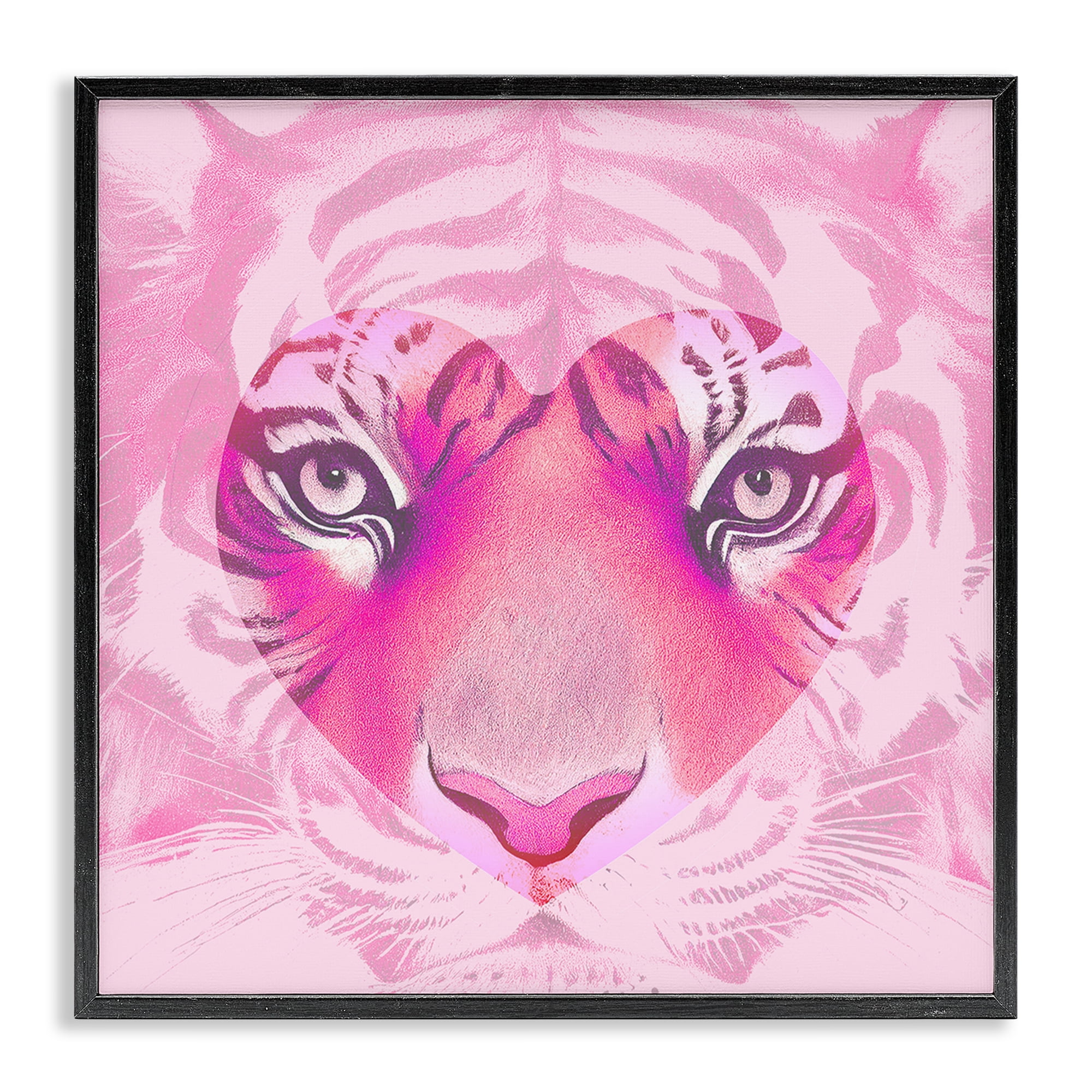 Stupell Industries Pink Heart Tiger Face Animals Painting Black Framed Art Print Wall Art, 12 x 12