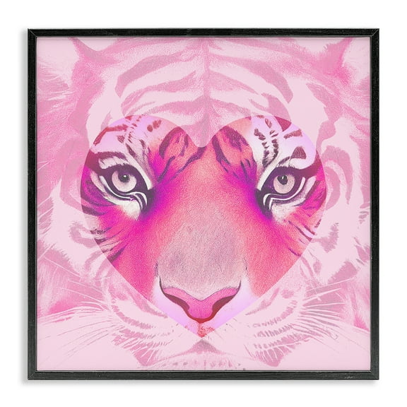 Stupell Industries Pink Heart Tiger Face Animals Painting Black Framed Art Print Wall Art, 12 x 12