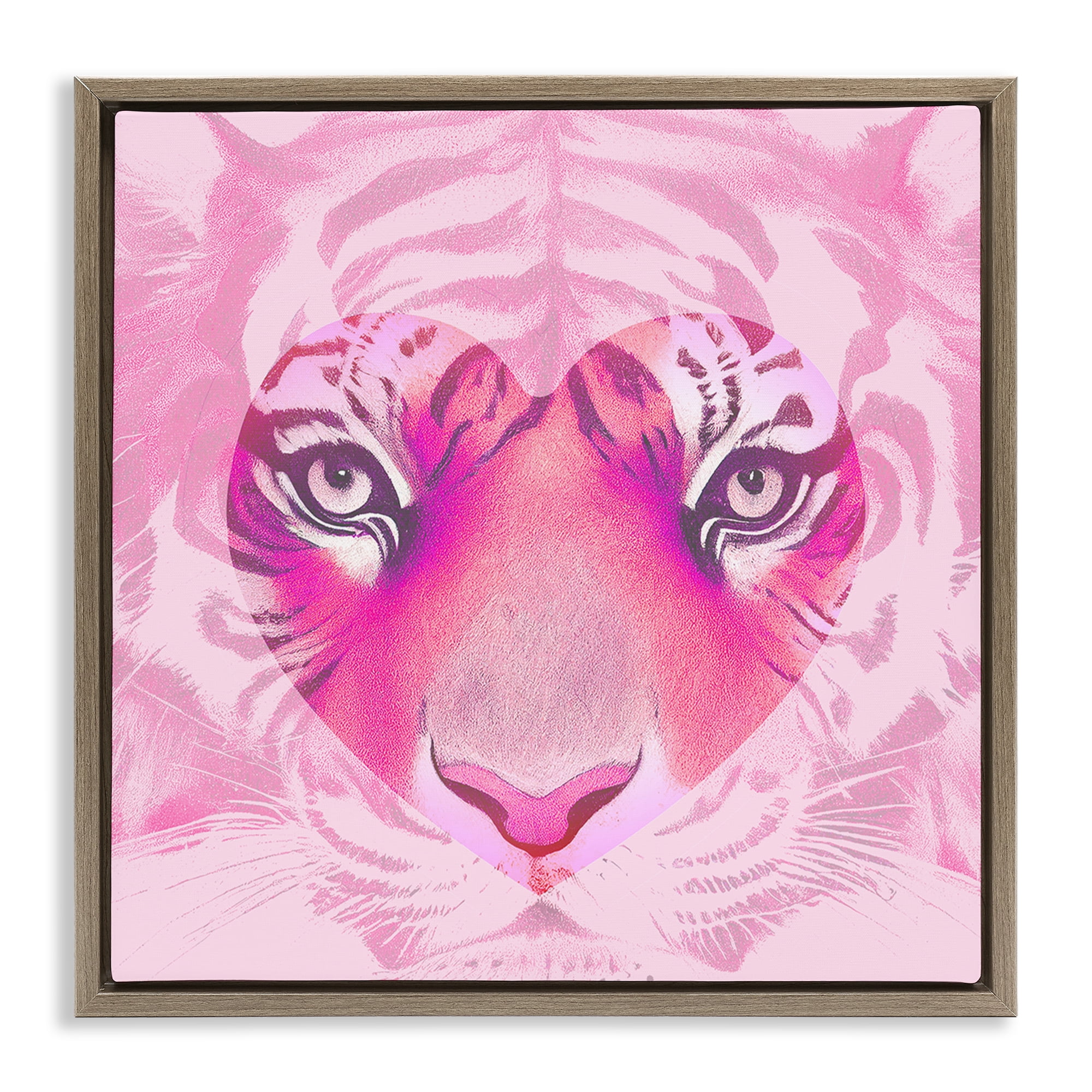 Stupell Industries Pink Heart Tiger Face Animals Painting Brown Floater Framed Canvas Art Print Wall Art, 18 x 18