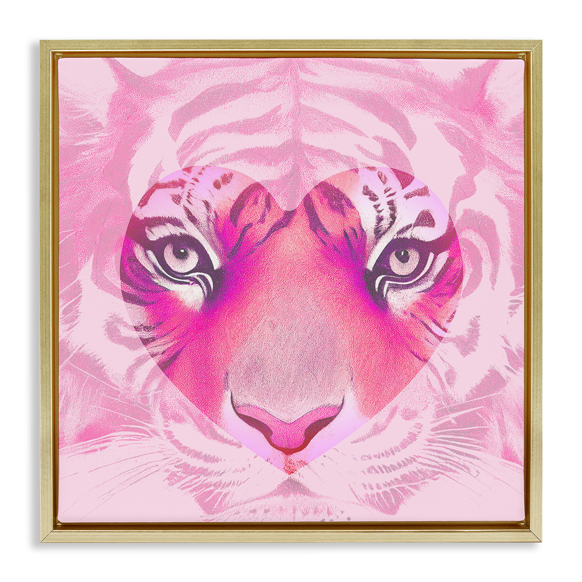 Stupell Industries Pink Heart Tiger Face Animals Painting Gold Floater Framed Canvas Art Print Wall Art, 18 x 18