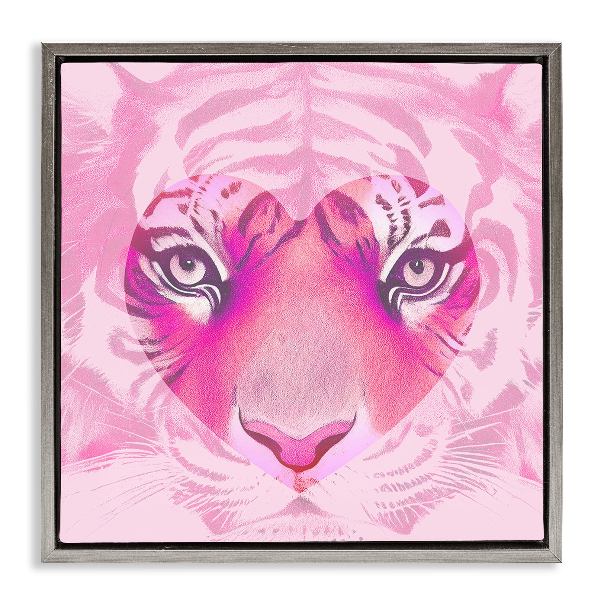 Stupell Industries Pink Heart Tiger Face Animals Painting Gray Floater Framed Canvas Art Print Wall Art, 25 x 25