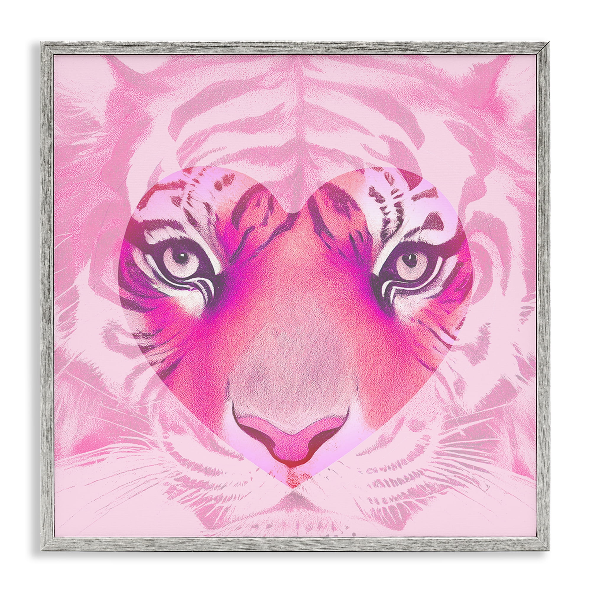 Stupell Industries Pink Heart Tiger Face Animals Painting Gray Framed Art Print Wall Art, 12 x 12