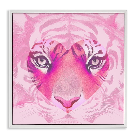 Stupell Industries Pink Heart Tiger Face Animals Painting White Framed Art Print Wall Art, 12 x 12