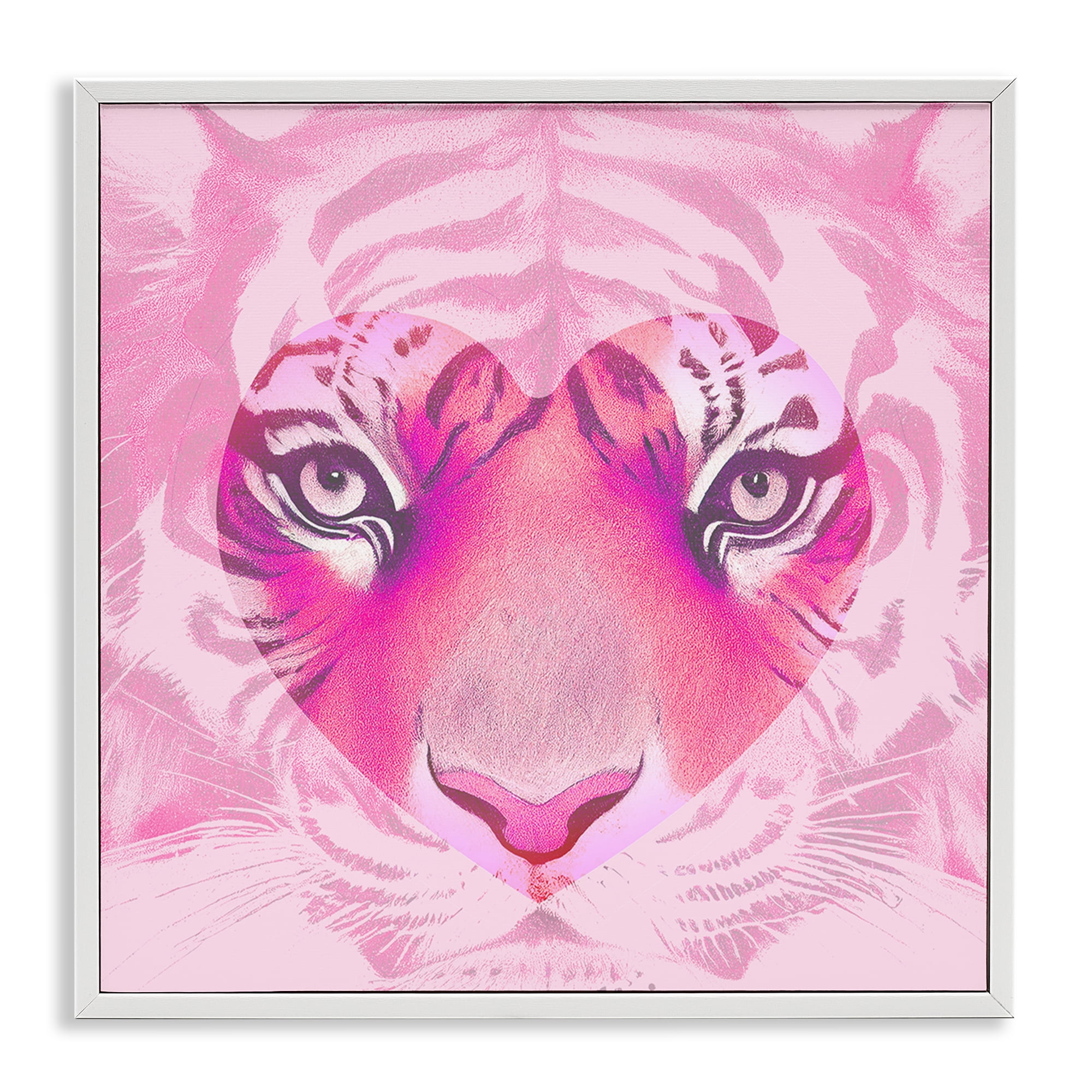 Stupell Industries Pink Heart Tiger Face Animals Painting White Framed Art Print Wall Art, 24 x 24