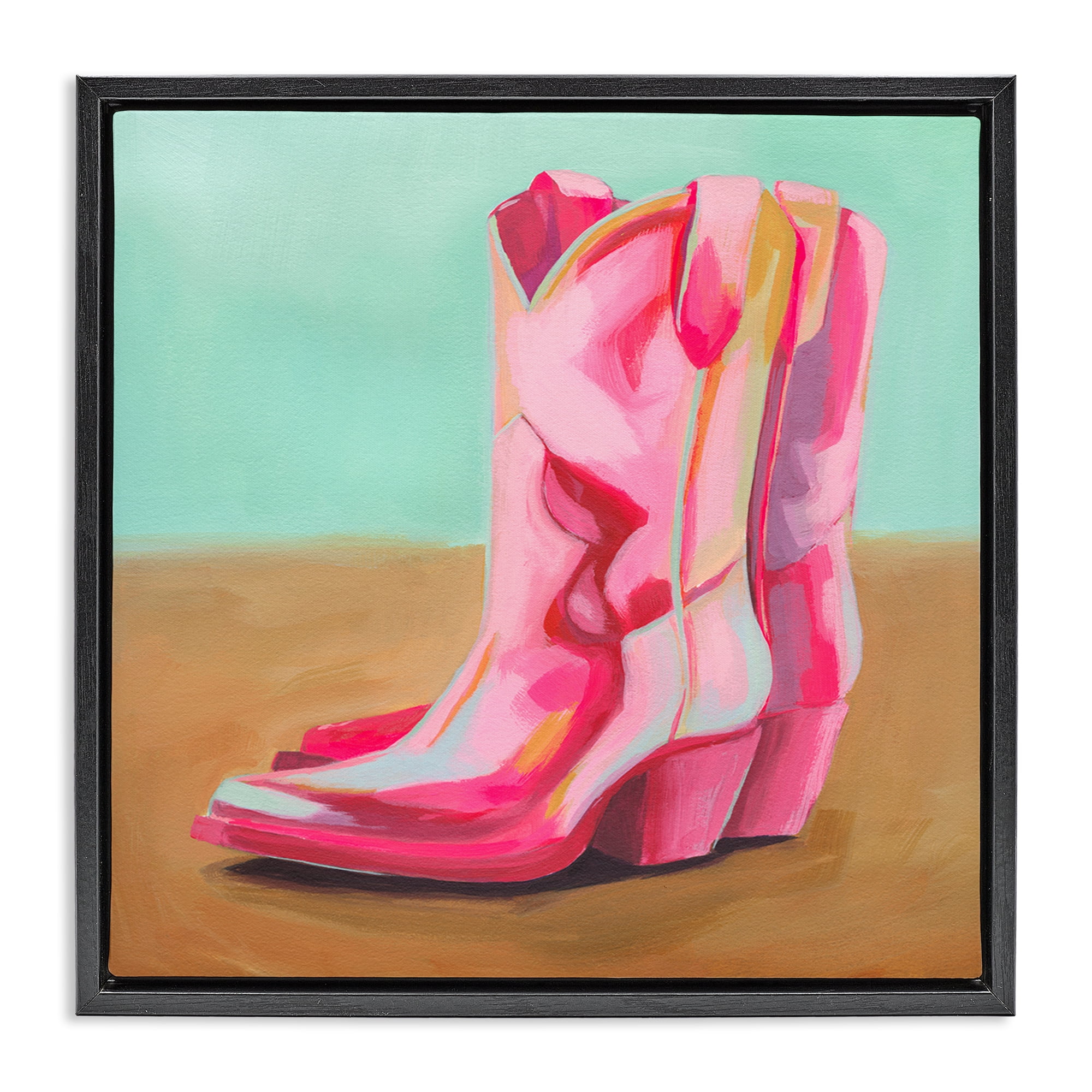 Stupell Industries Pink Heeled Cowgirl Boots Entertainment Painting Black Floater Framed Canvas Art Print Wall Art, 25 x 25