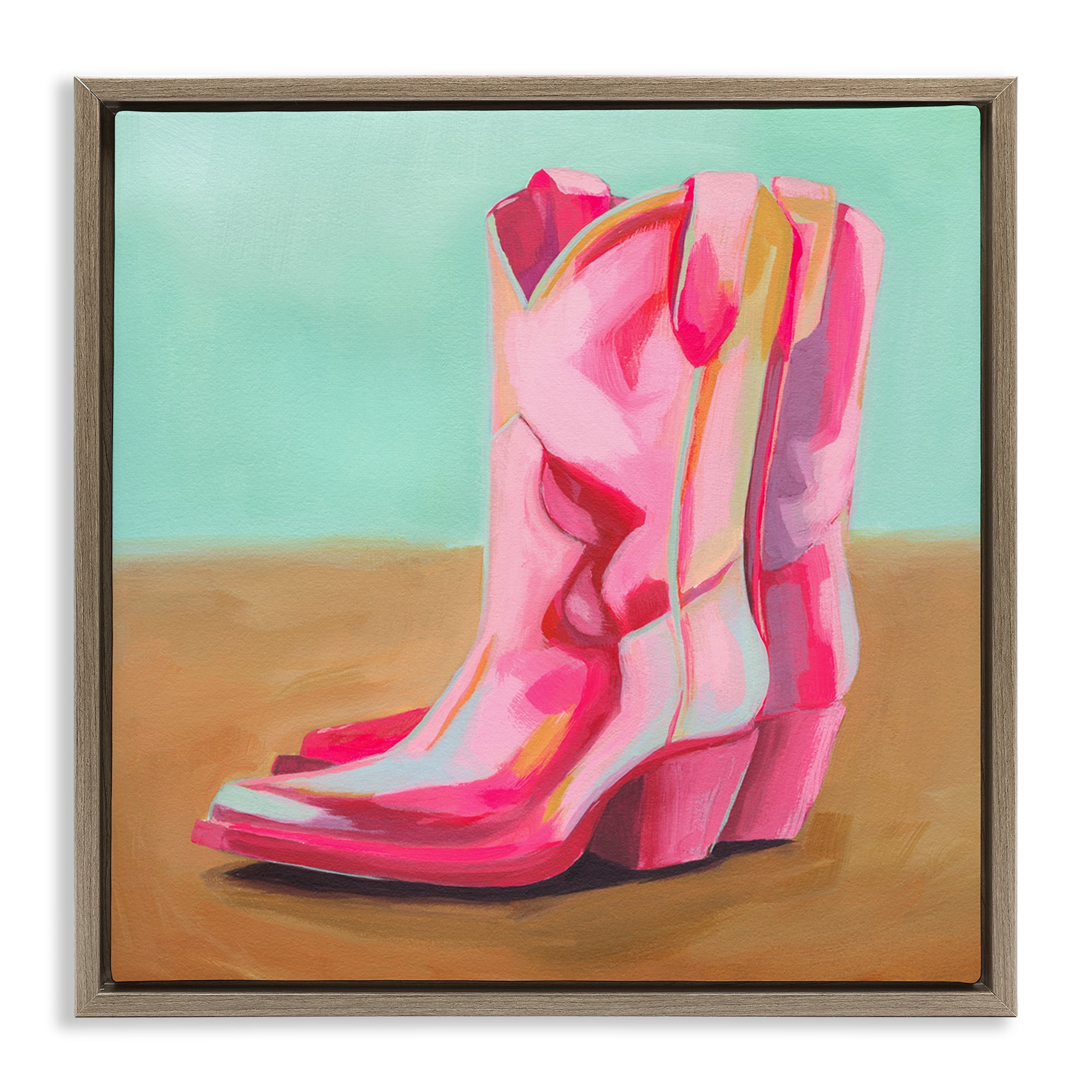 Stupell Industries Pink Heeled Cowgirl Boots Entertainment Painting Brown Floater Framed Canvas Art Print Wall Art, 25 x 25