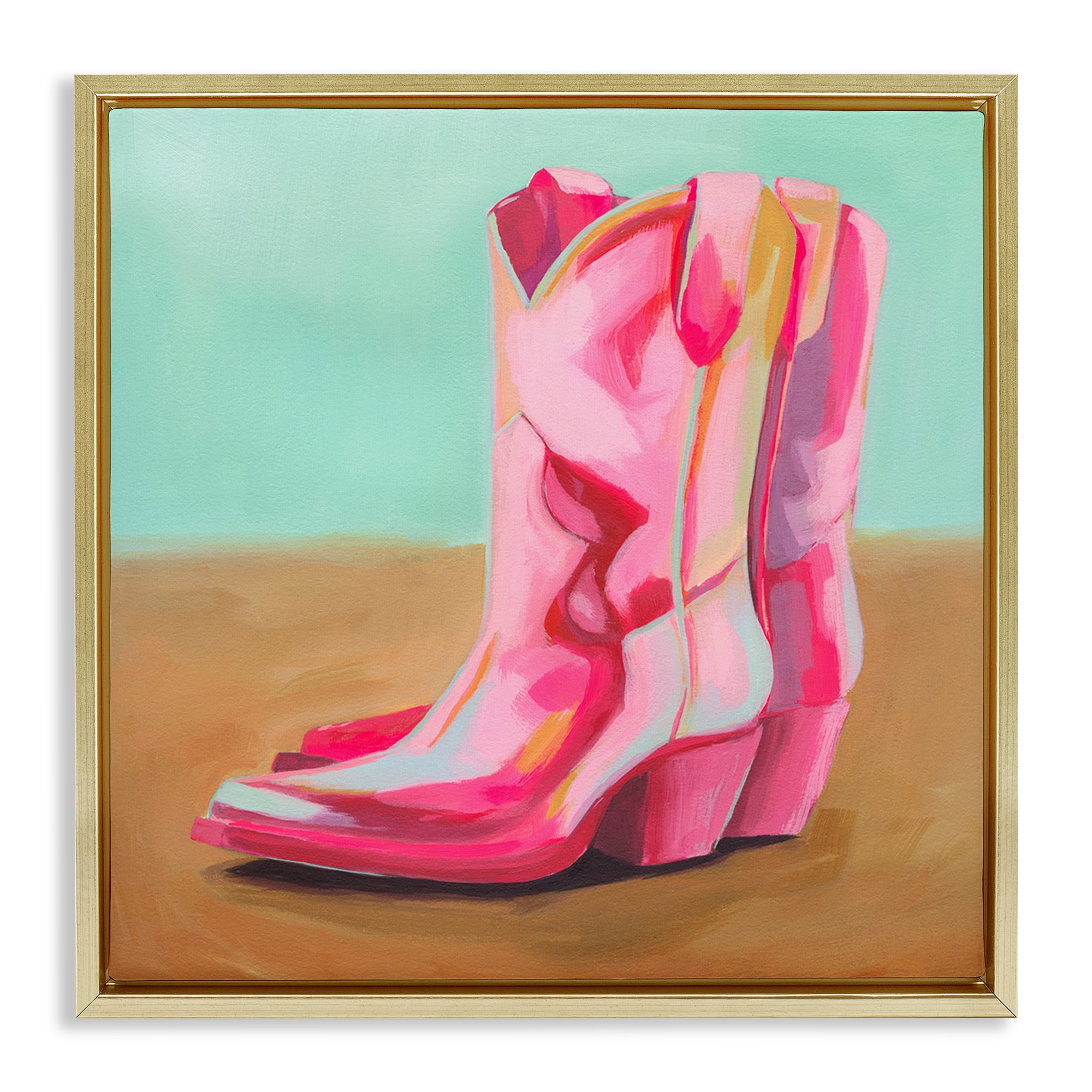 Stupell Industries Pink Heeled Cowgirl Boots Entertainment Painting Gold Floater Framed Canvas Art Print Wall Art, 18 x 18