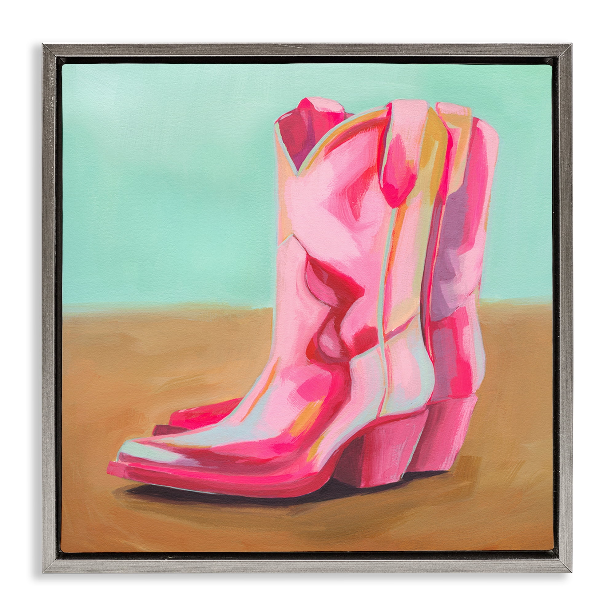 Stupell Industries Pink Heeled Cowgirl Boots Entertainment Painting Gray Floater Framed Canvas Art Print Wall Art, 25 x 25