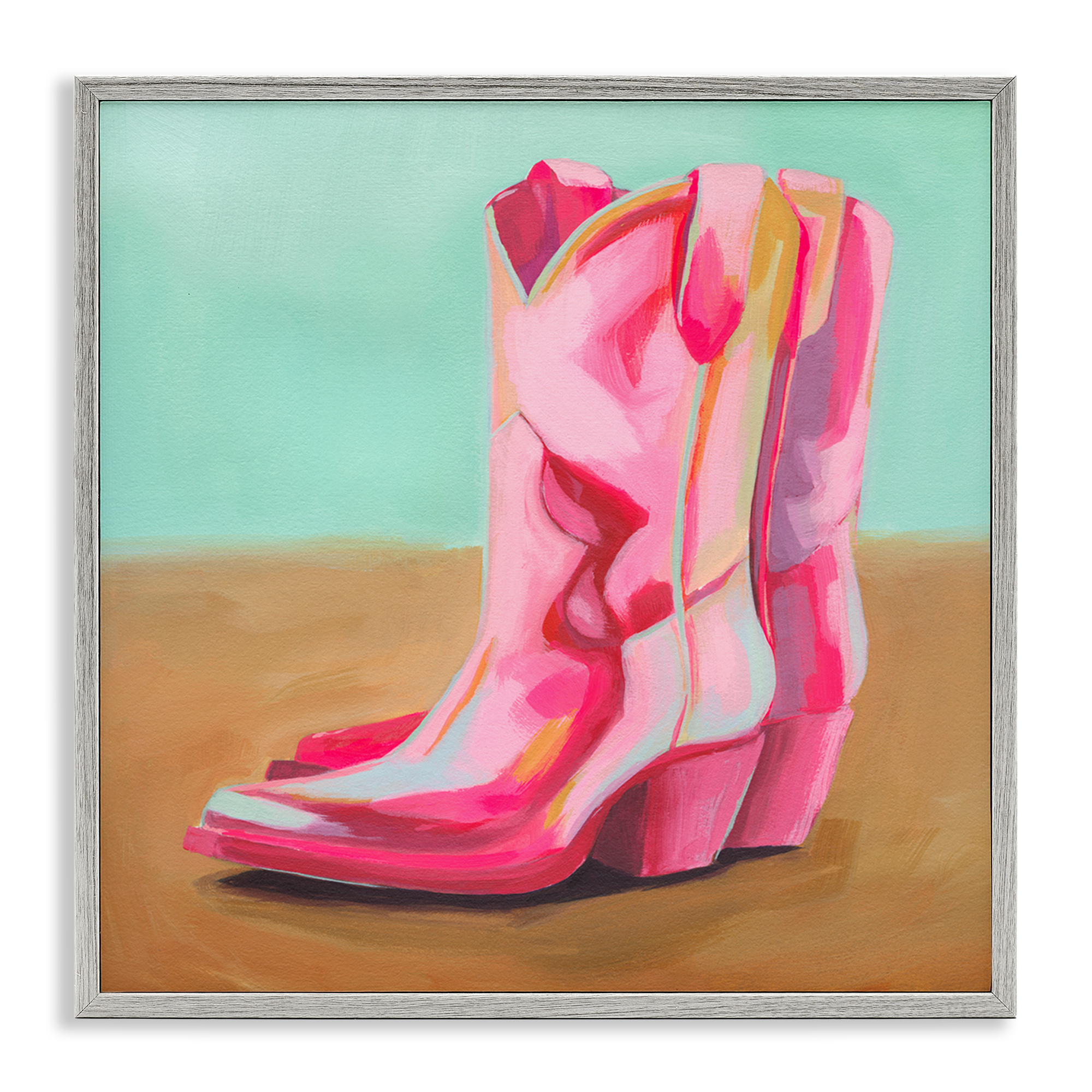 Stupell Industries Pink Heeled Cowgirl Boots Entertainment Painting Gray Framed Art Print Wall Art, 24 x 24