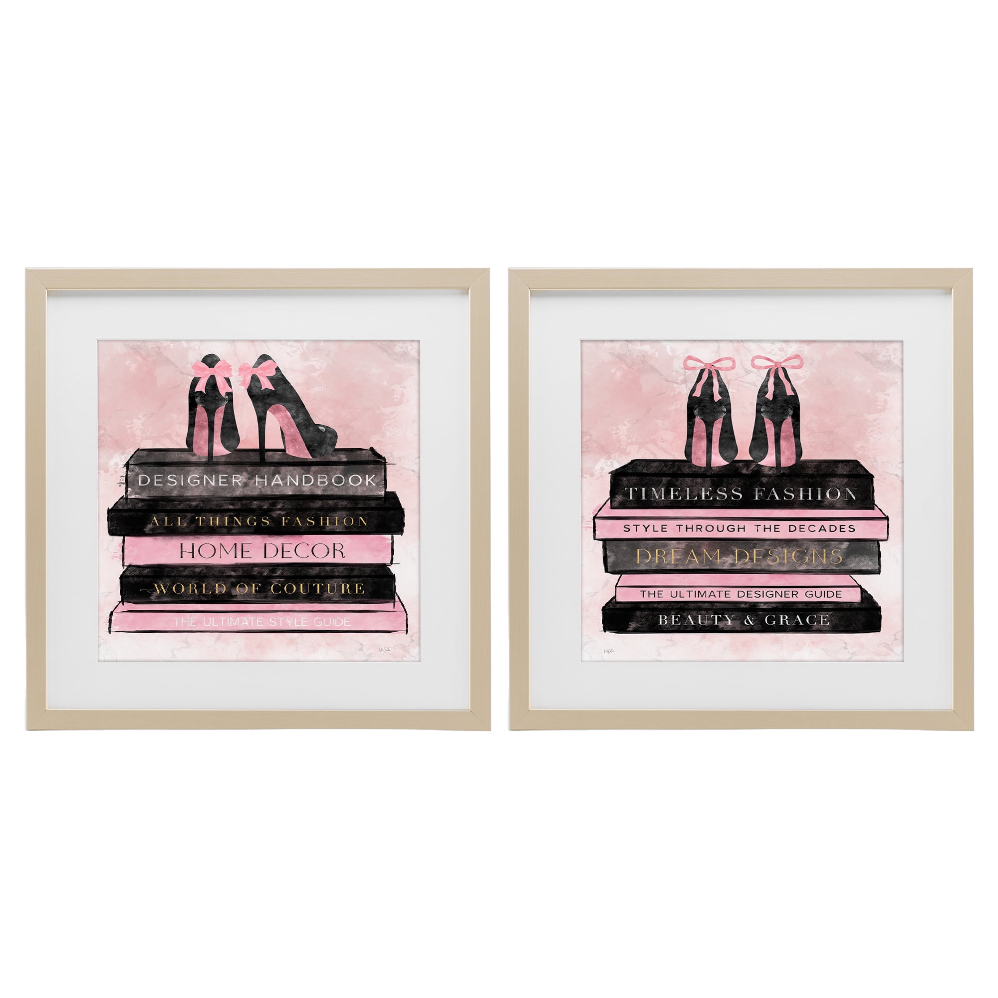 Stupell Industries Pink Heels Atop Books 2 Piece Birch Framed Print Under Glass Set, design by Natalie Carpentieri