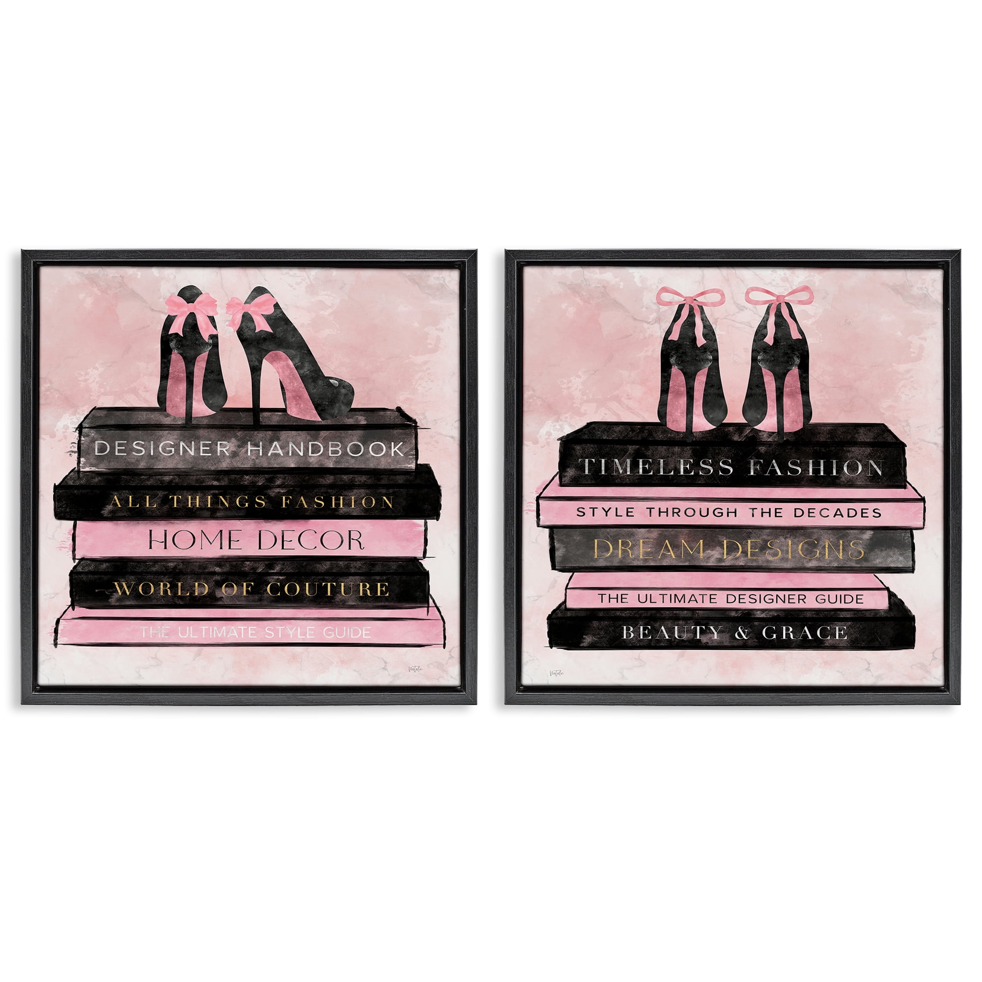 Stupell Industries Pink Heels Atop Books 2 Piece Black Framed Floater Canvas Set, design by Natalie Carpentieri