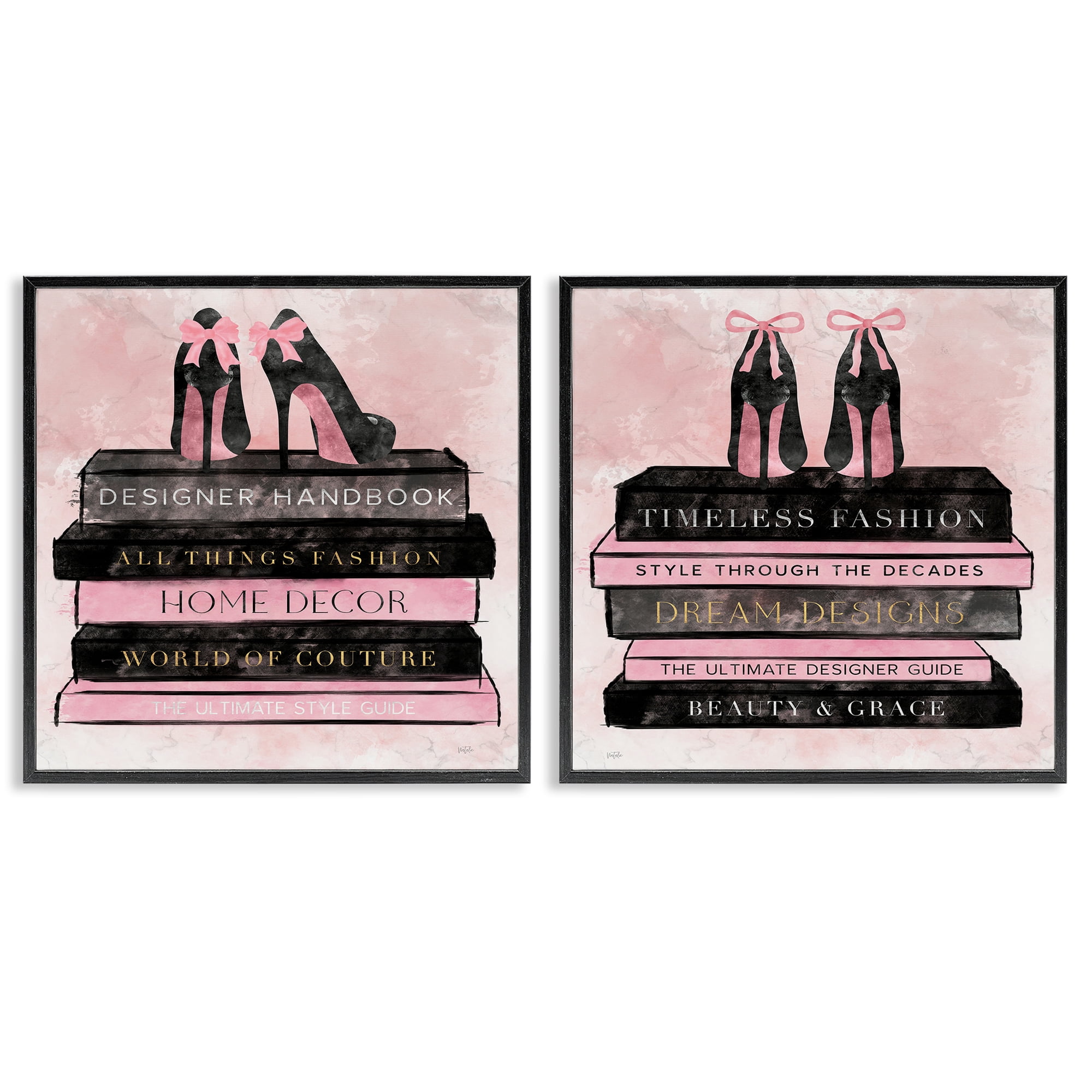 Stupell Industries Pink Heels Atop Books 2 Piece Black Framed Giclee Art Set, design by Natalie Carpentieri