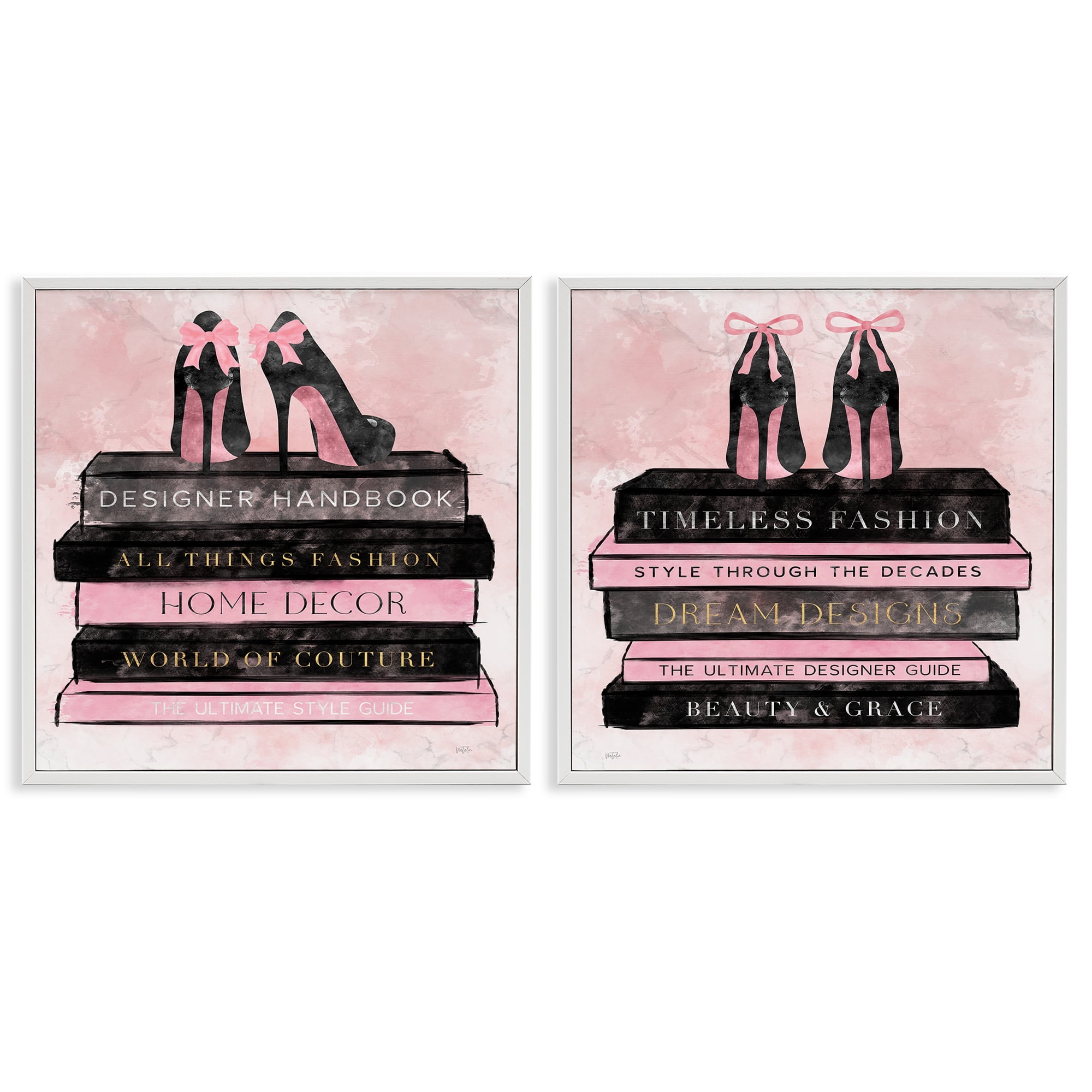 Stupell Industries Pink Heels Atop Books 2 Piece White Framed Giclee Art Set, design by Natalie Carpentieri