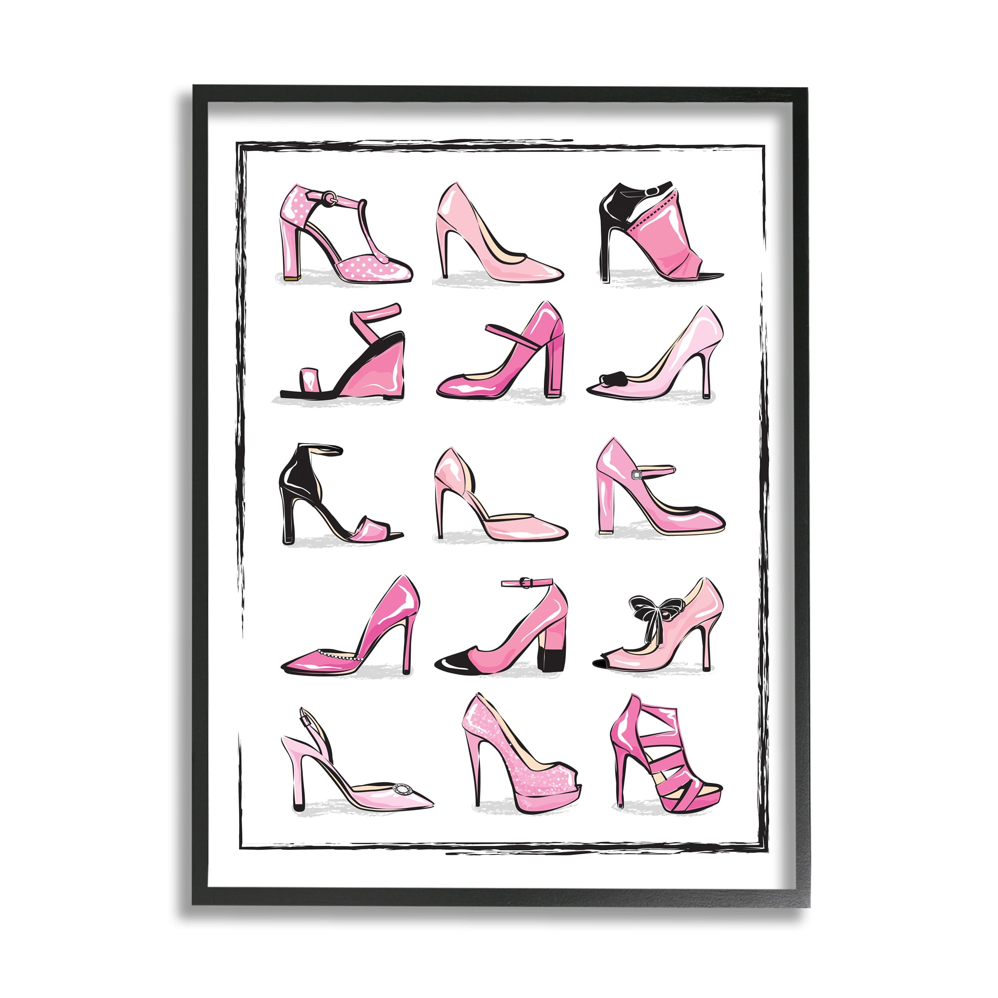 Stupell Industries Pink Heels Lined Up Women's Glam Shoes Beauty & Fashion Painting Black Framed Art Print Wall Art, 11 x 14