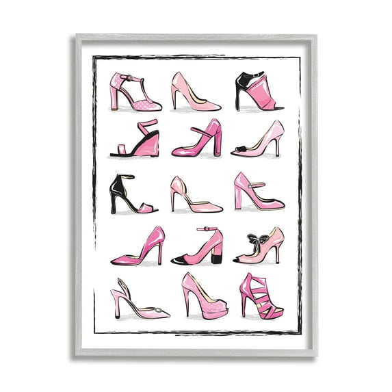 Stupell Industries Pink Heels Lined Up Women's Glam Shoes Beauty & Fashion Painting Gray Framed Art Print Wall Art, 16 x 20