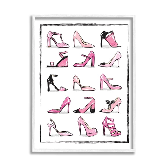 Stupell Industries Pink Heels Lined Up Women's Glam Shoes Beauty & Fashion Painting White Framed Art Print Wall Art, 11 x 14