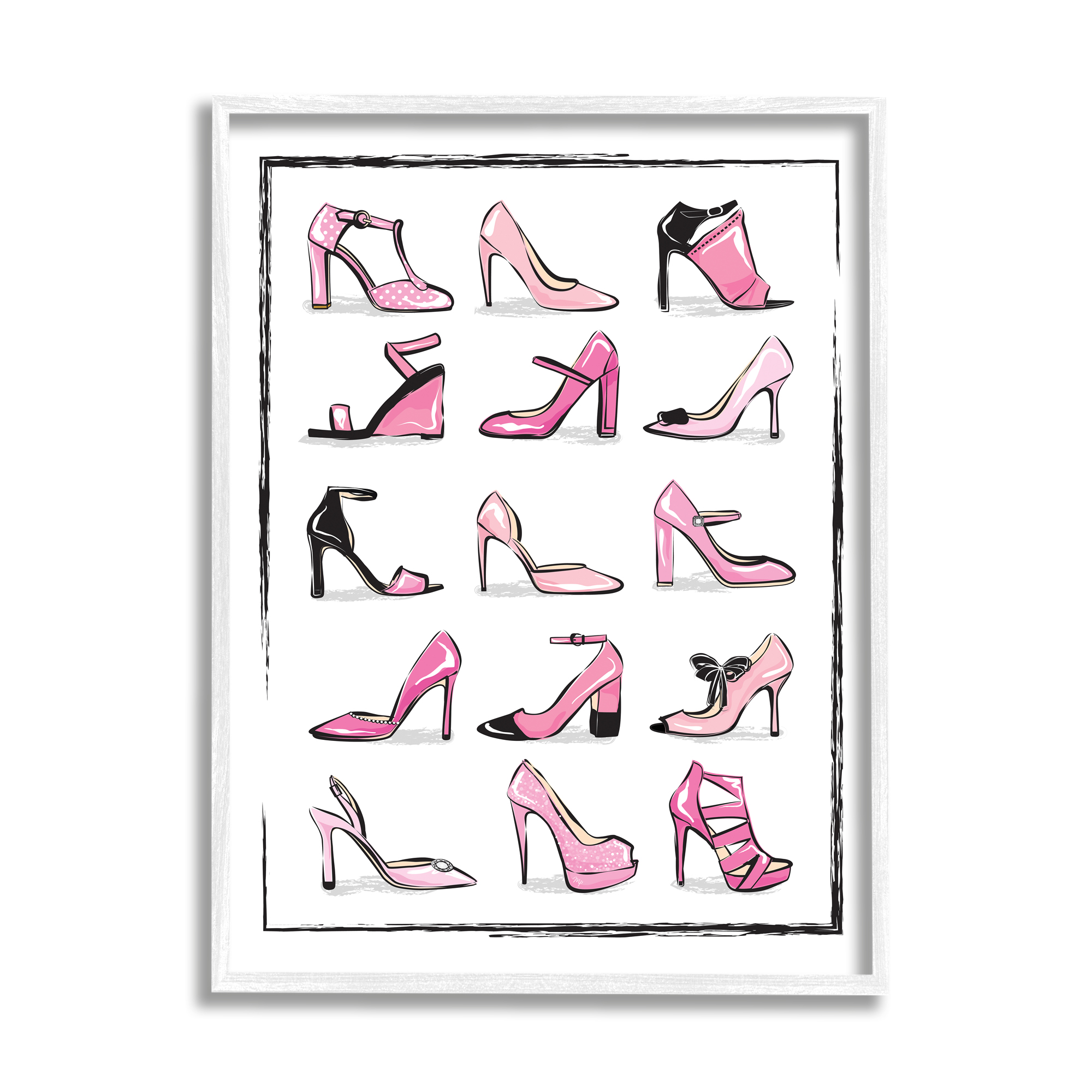Stupell Industries Pink Heels Lined Up Women's Glam Shoes Beauty & Fashion Painting White Framed Art Print Wall Art, 16 x 20