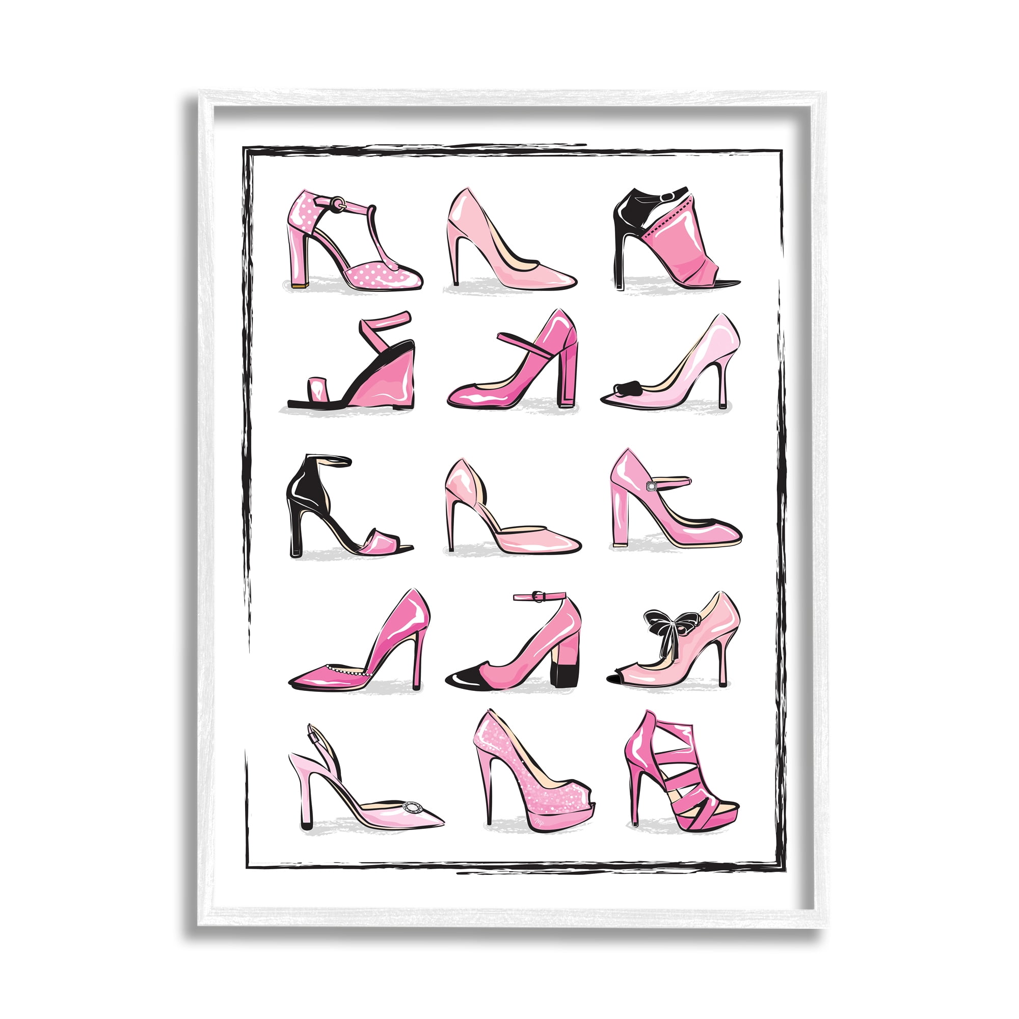 Stupell Industries Pink Heels Lined Up Women's Glam Shoes Beauty & Fashion Painting White Framed Art Print Wall Art, 24 x 30
