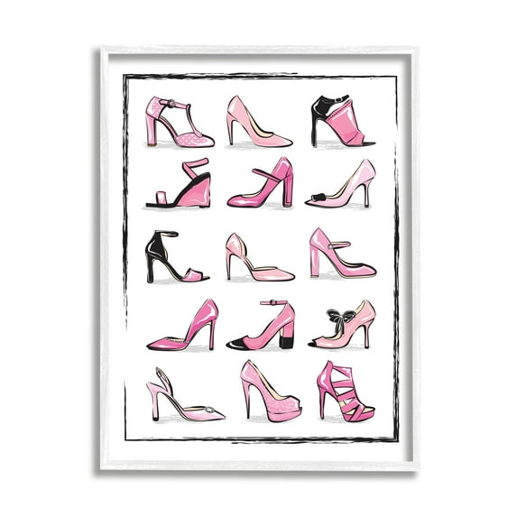 Stupell Industries Pink Heels Lined Up Women's Glam Shoes Beauty & Fashion Painting White Framed Art Print Wall Art, 24 x 30
