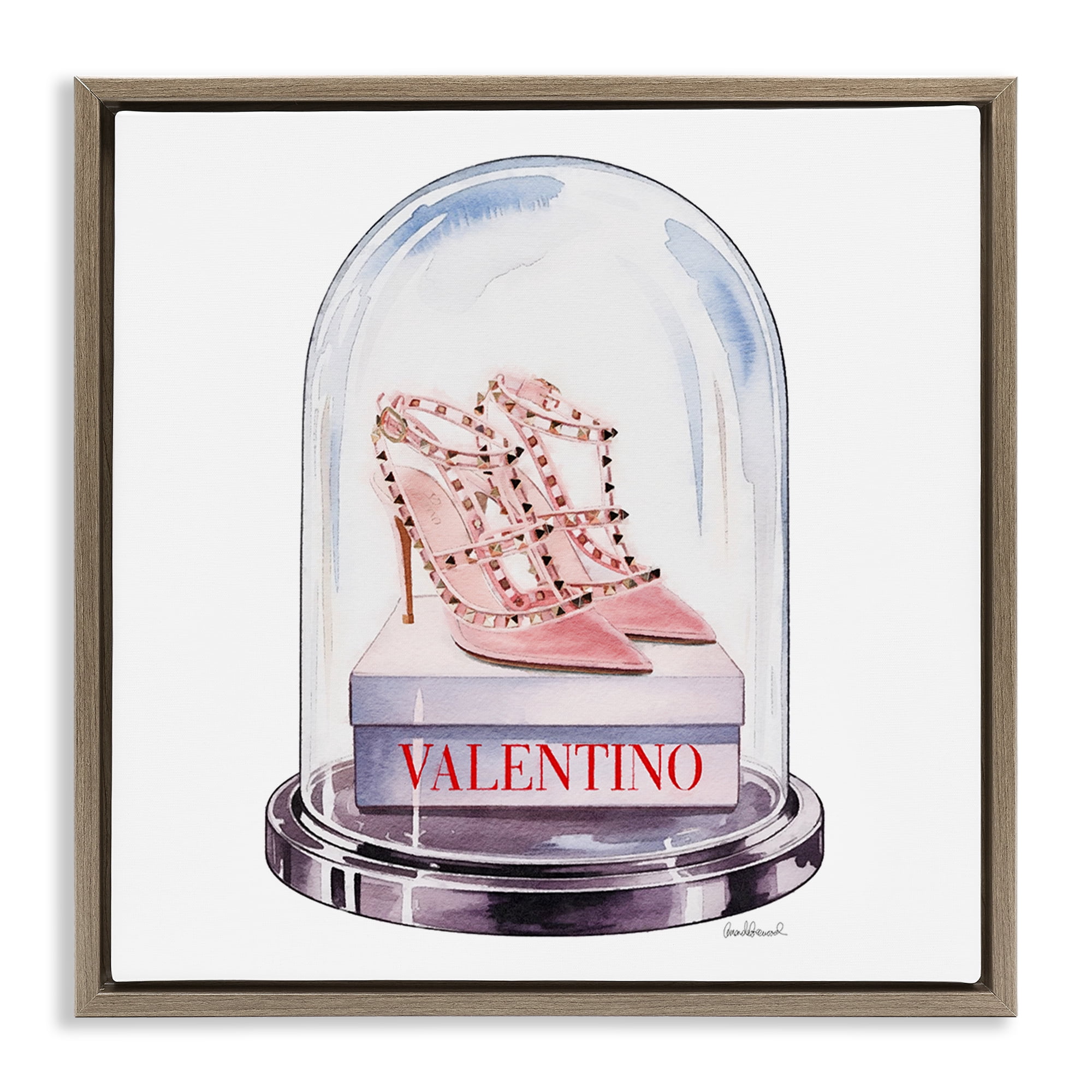 Stupell Industries Pink Heels in Bell Jar Brown Framed Floater Canvas Wall Art, design by Amanda Greenwood