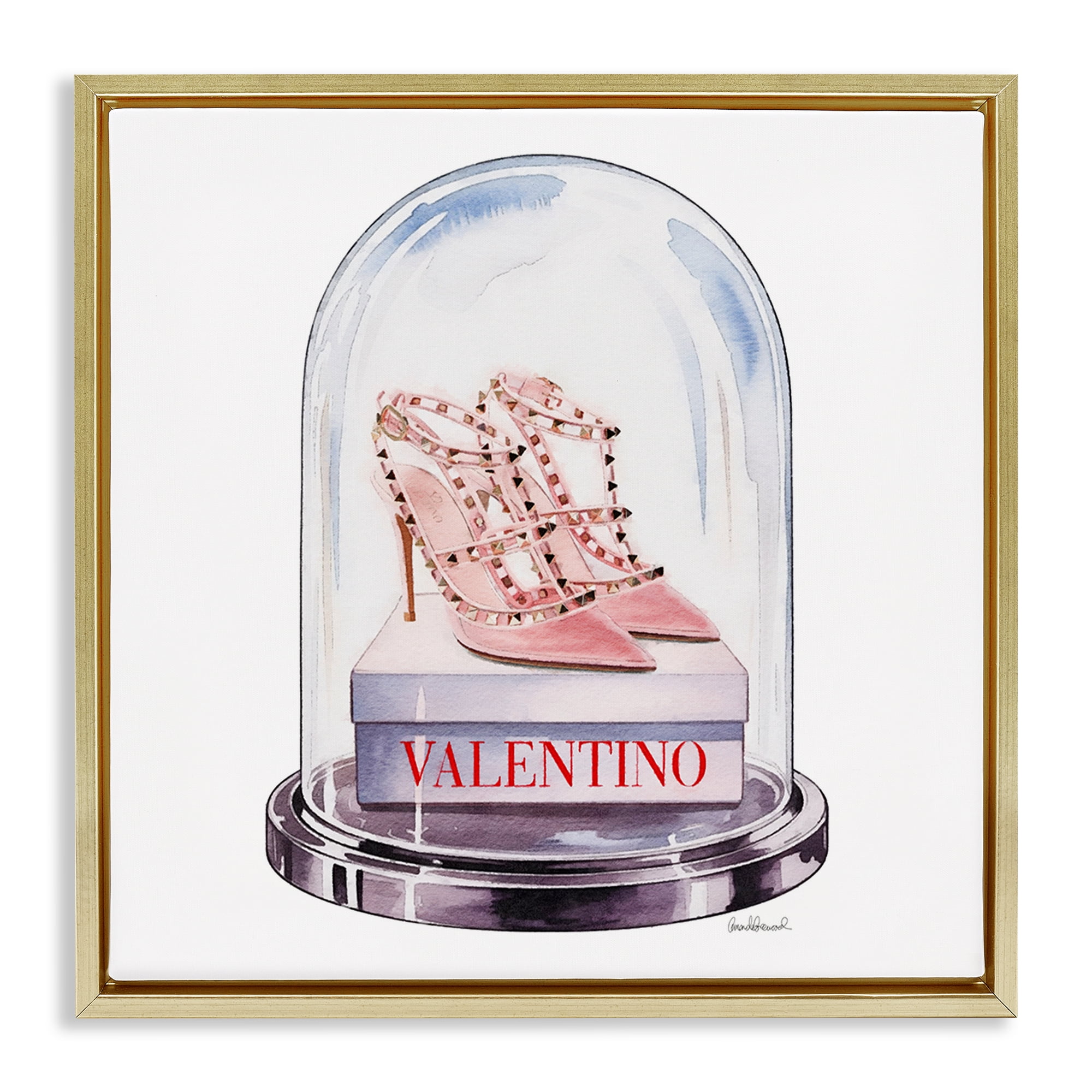 Stupell Industries Pink Heels in Bell Jar Gold Framed Floater Canvas Wall Art, design by Amanda Greenwood