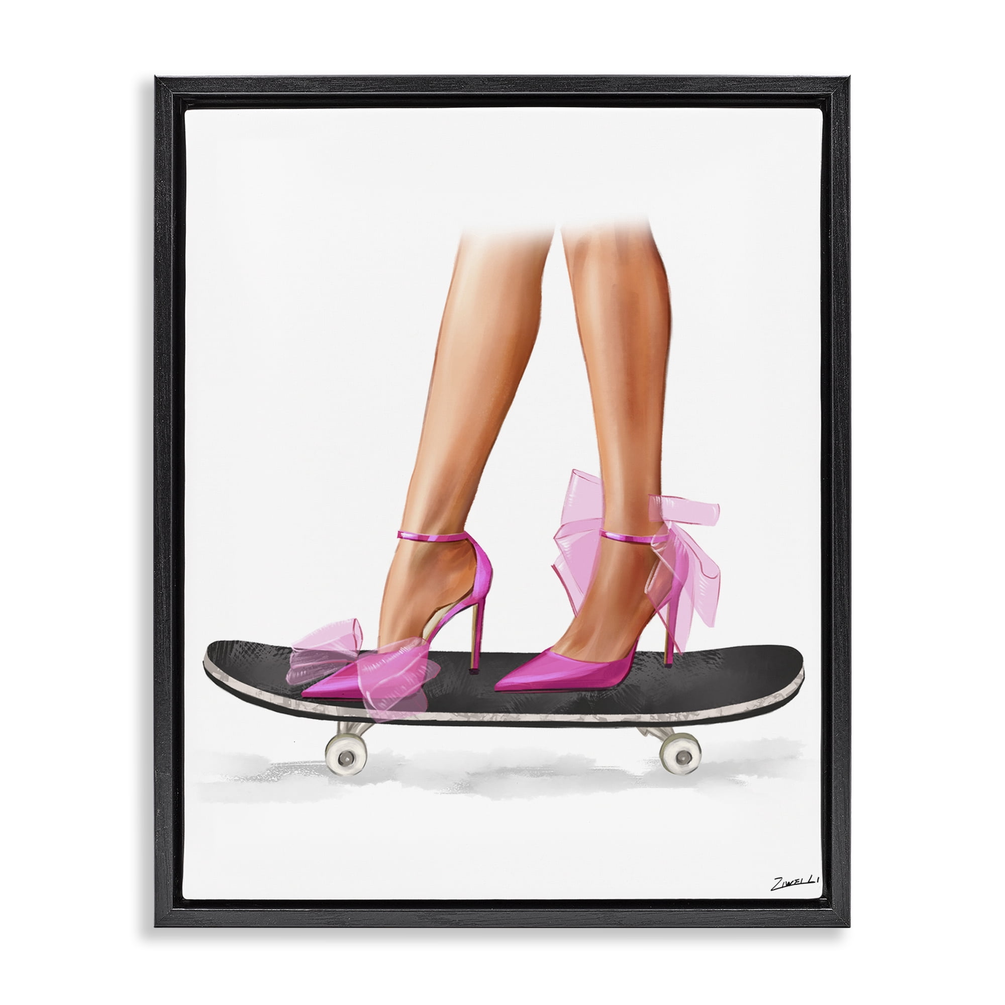 Stupell Industries Pink Heels on Skateboard Fashion Painting Black Floater Framed Canvas Art Print Wall Art, 25 x 31
