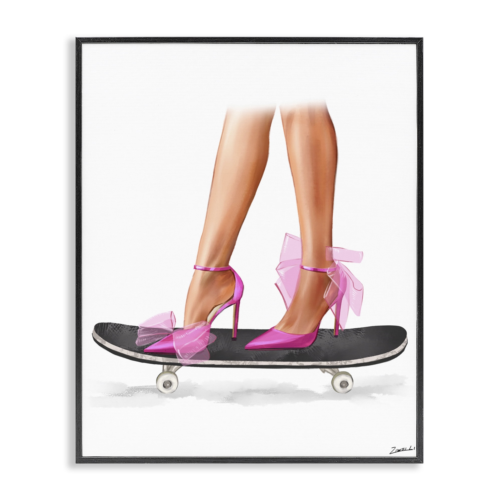 Stupell Industries Pink Heels on Skateboard Fashion Painting Black Framed Art Print Wall Art, 16 x 20