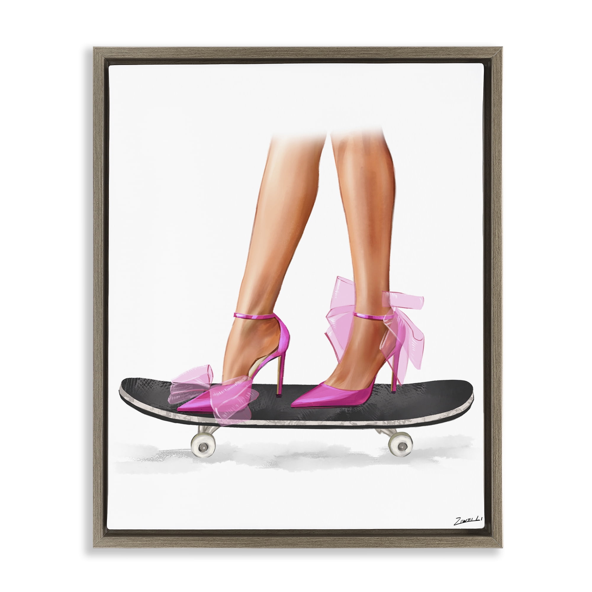 Stupell Industries Pink Heels on Skateboard Fashion Painting Brown Floater Framed Canvas Art Print Wall Art, 17 x 21