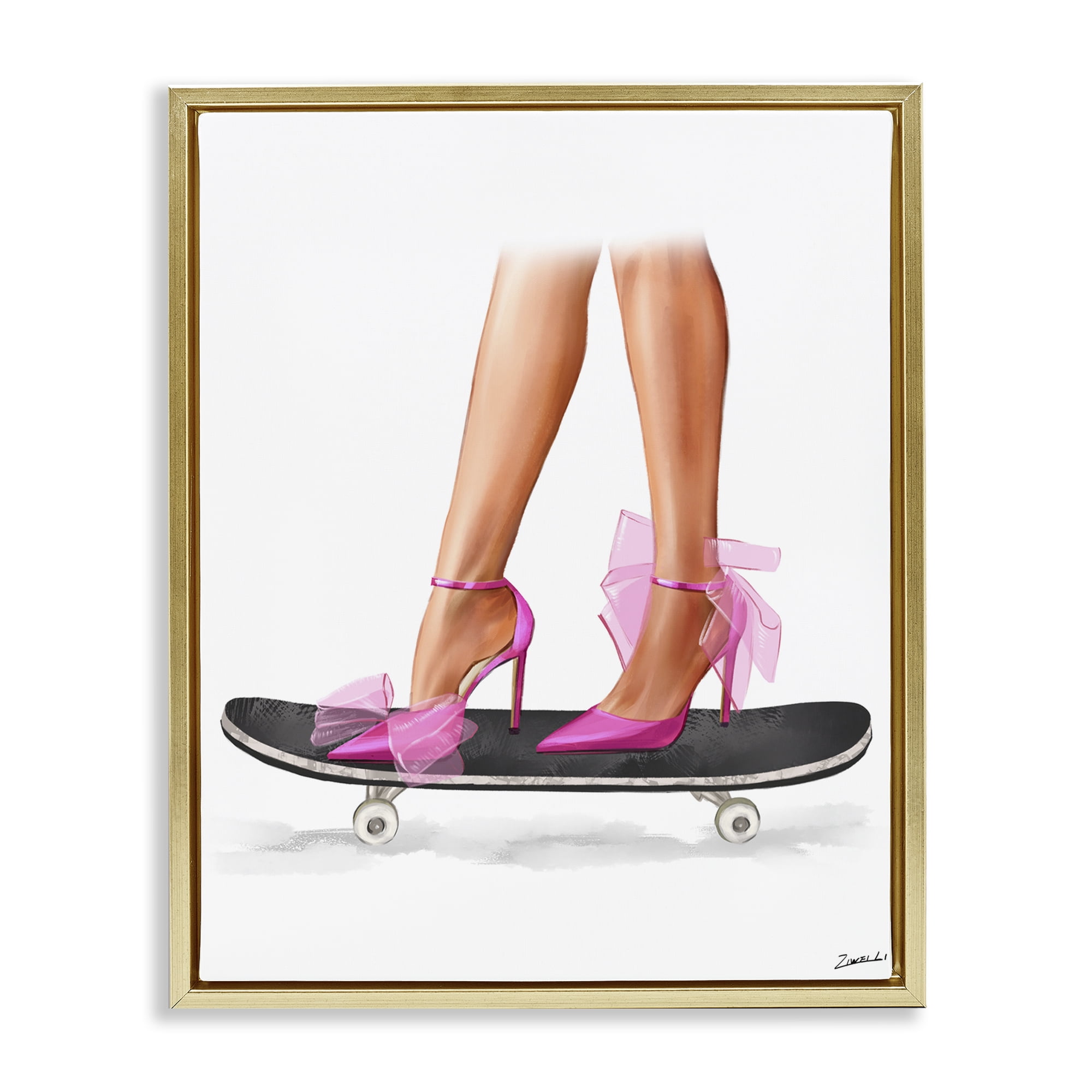 Stupell Industries Pink Heels on Skateboard Fashion Painting Gold Floater Framed Canvas Art Print Wall Art, 17 x 21