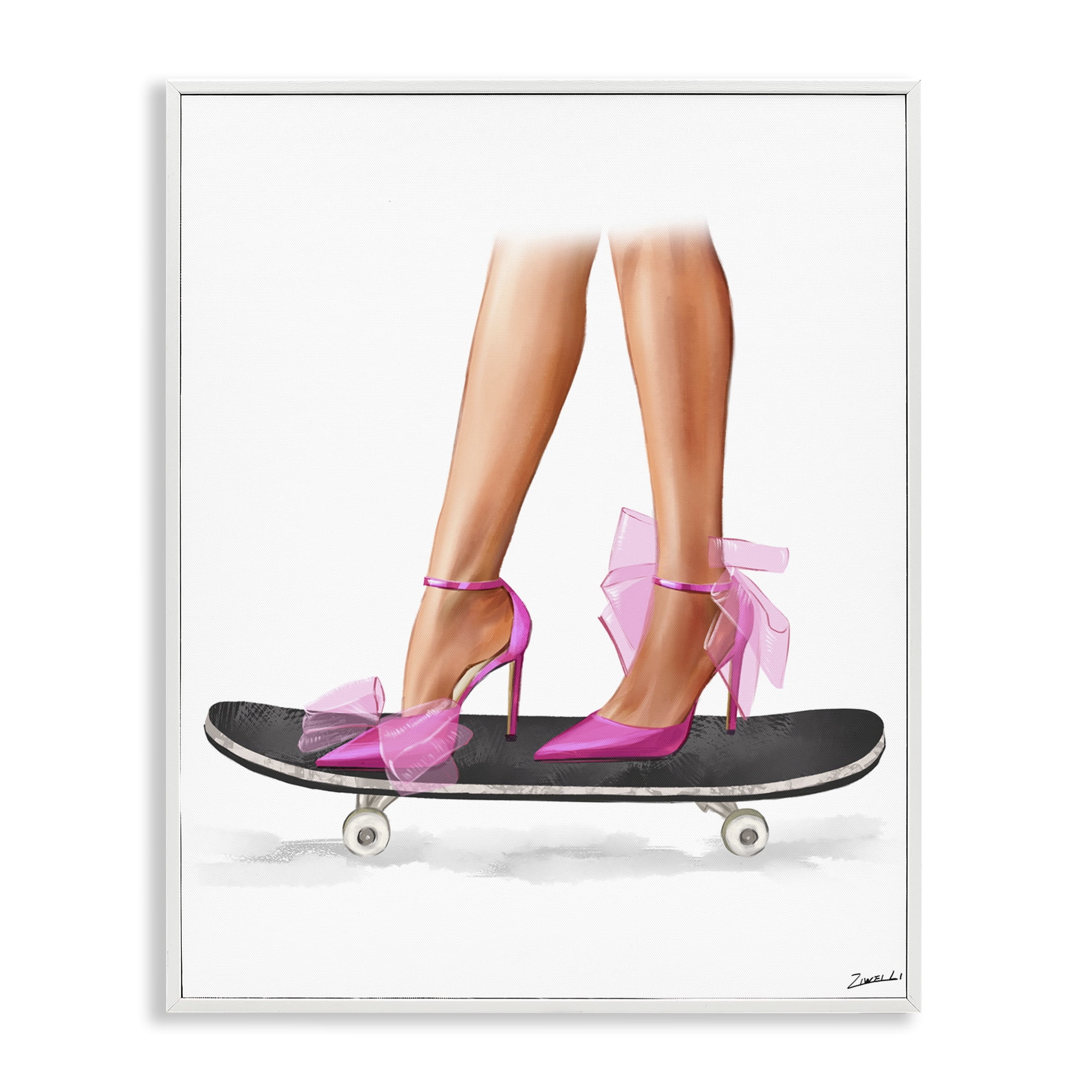 Stupell Industries Pink Heels on Skateboard Fashion Painting White Framed Art Print Wall Art, 24 x 30