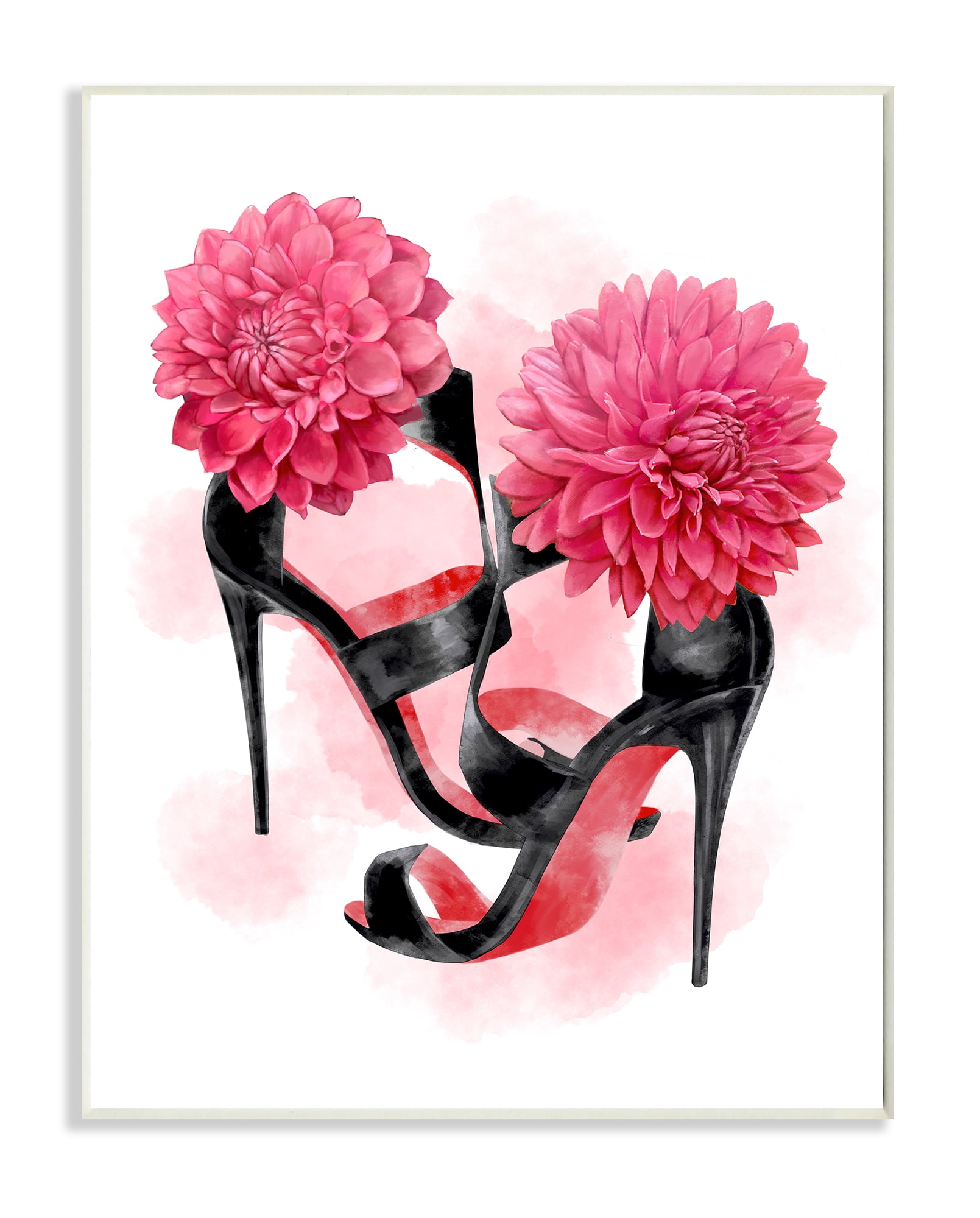 Pink and Black High Heel Glam Fashion Flower Wood Wall Art