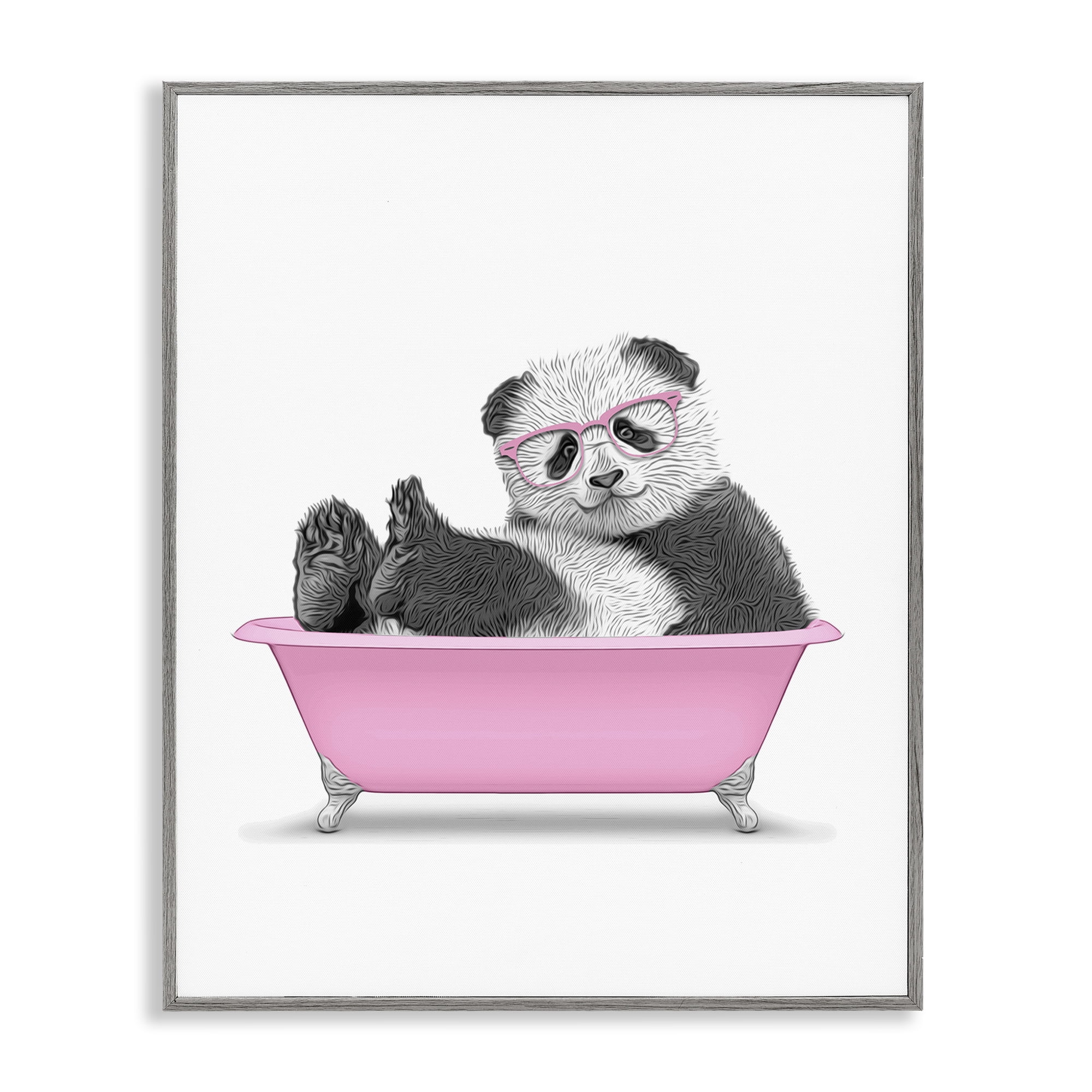 Stupell Industries Pink Hip Panda in Bath Bath & Laundry Painting Gray Framed Art Print Wall Art, 11 x 14