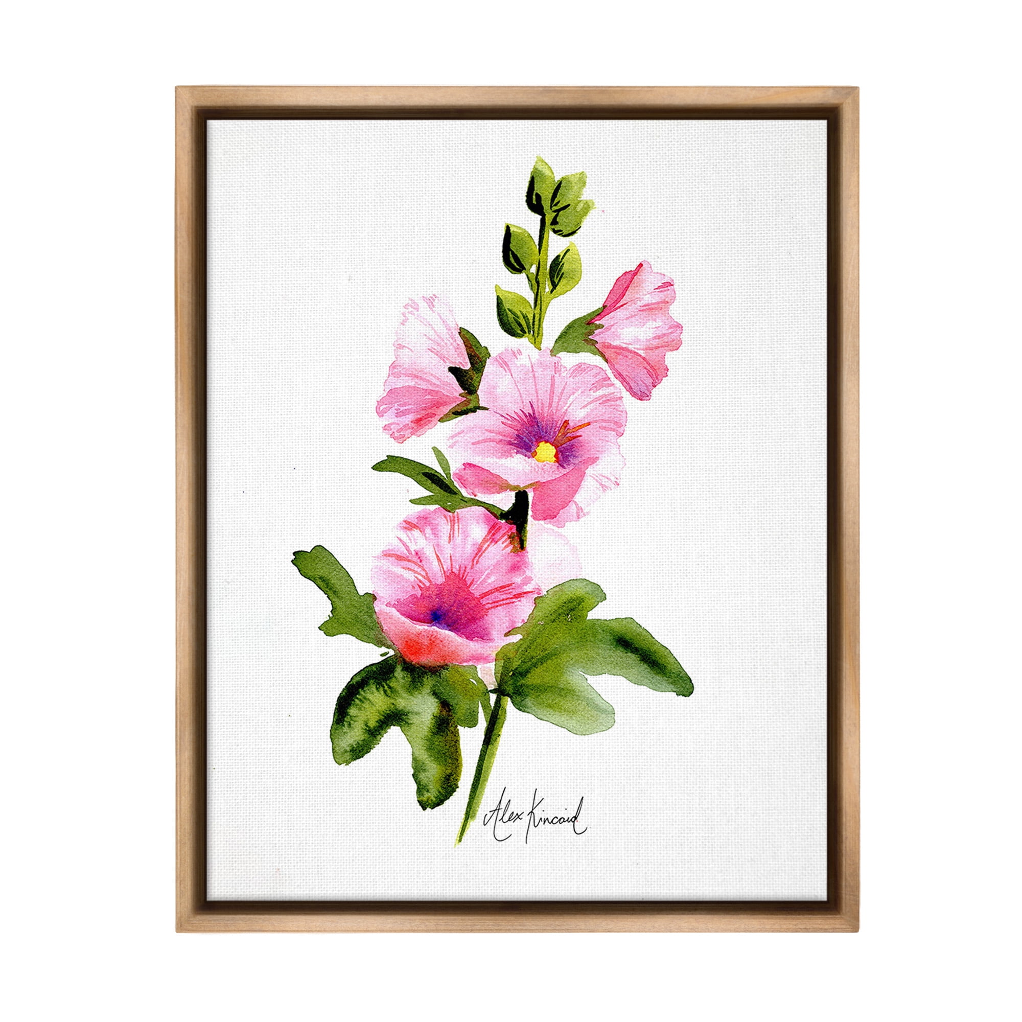 Stupell Industries Pink Hollyhock Blooms Botanical & Floral Painting Brown Floater Framed Canvas Art Print Wall Art, 17 x 21
