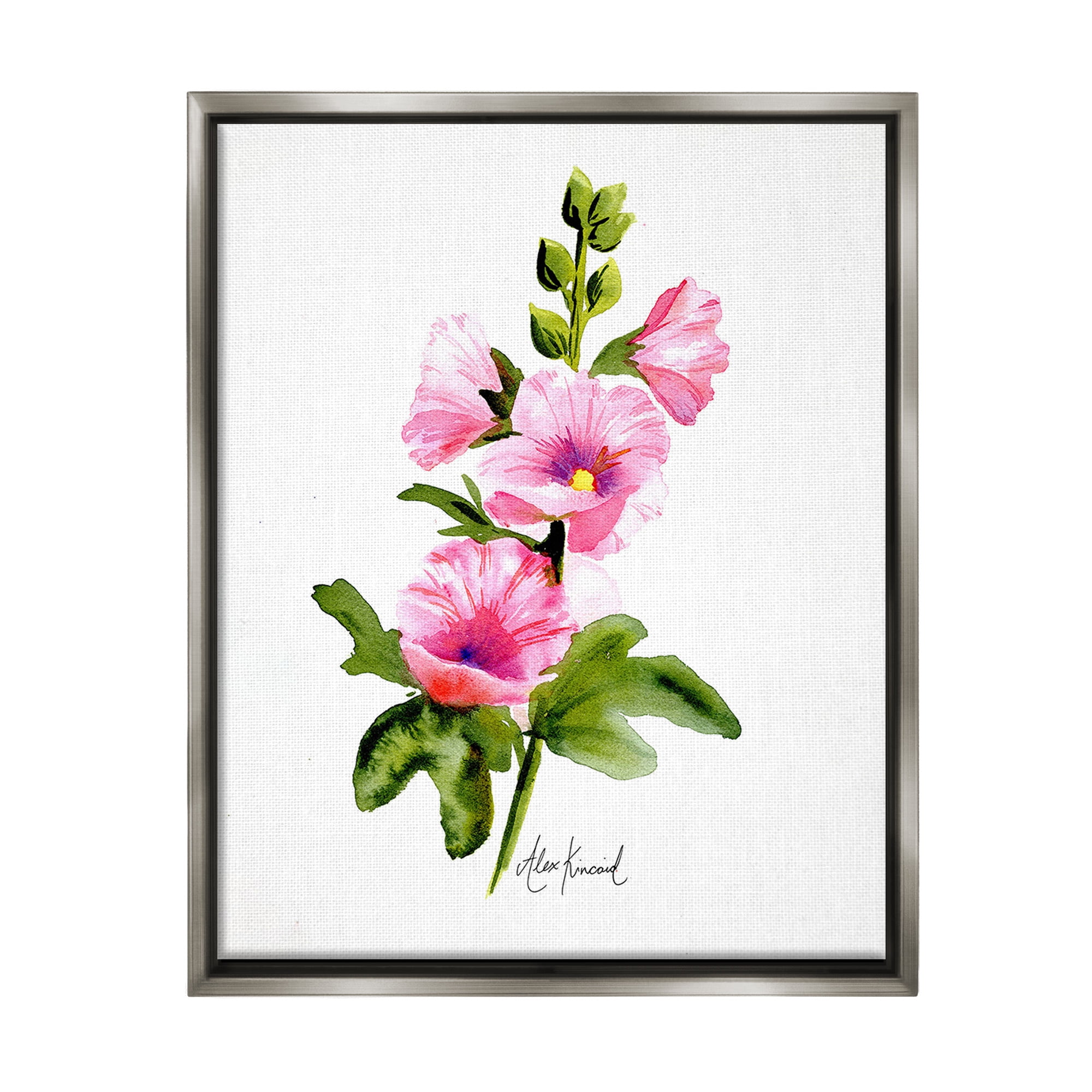 Stupell Industries Pink Hollyhock Blooms Botanical & Floral Painting Gray Floater Framed Canvas Art Print Wall Art, 17 x 21