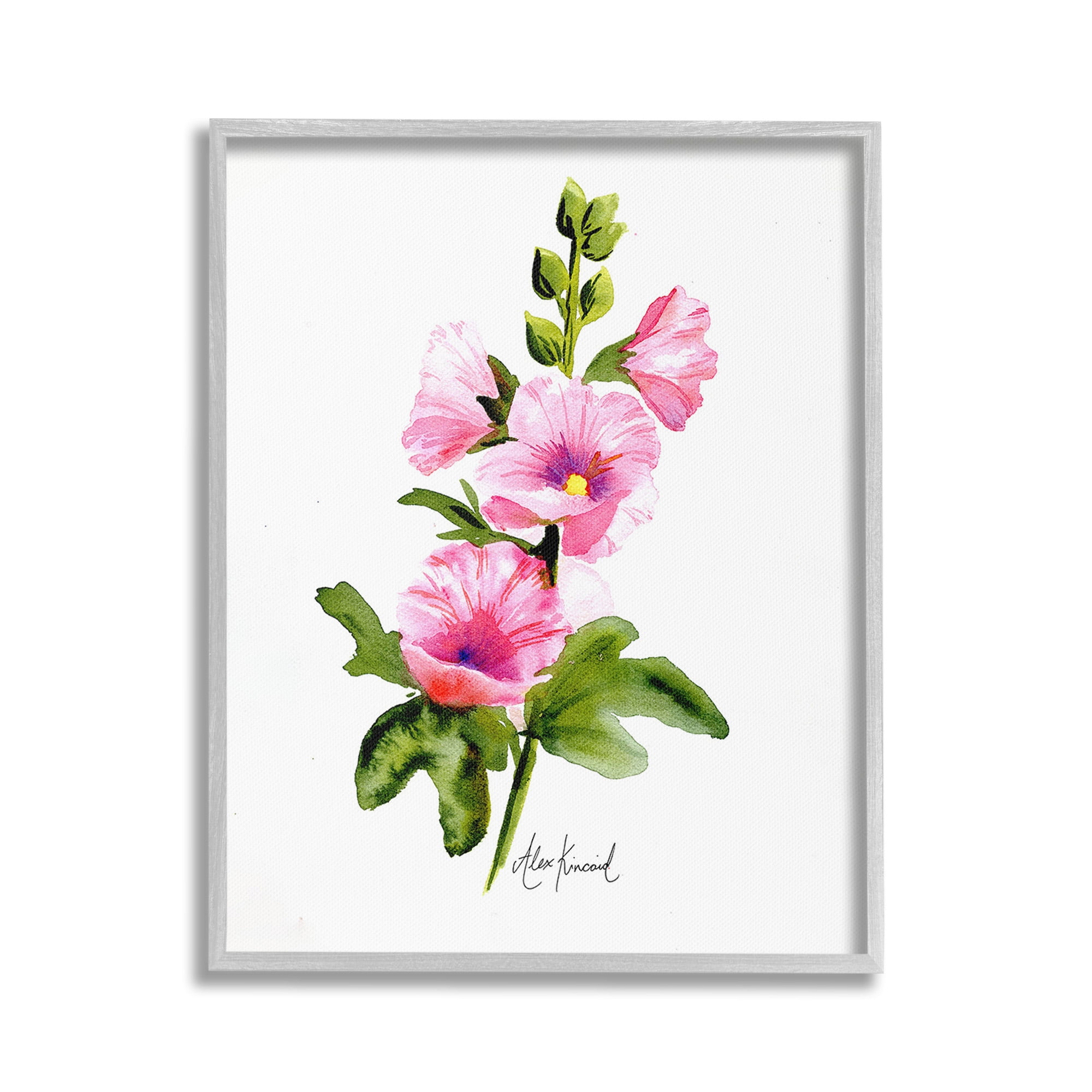 Stupell Industries Pink Hollyhock Blooms Botanical & Floral Painting Gray Framed Art Print Wall Art, 16 x 20