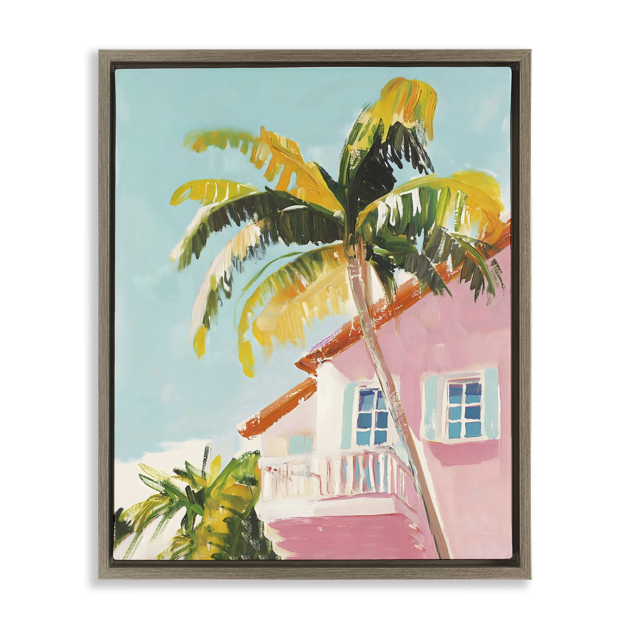 Stupell Industries Pink House Palm Tree Brown Framed Floater Canvas Wall Art, design by The Prints Vibe