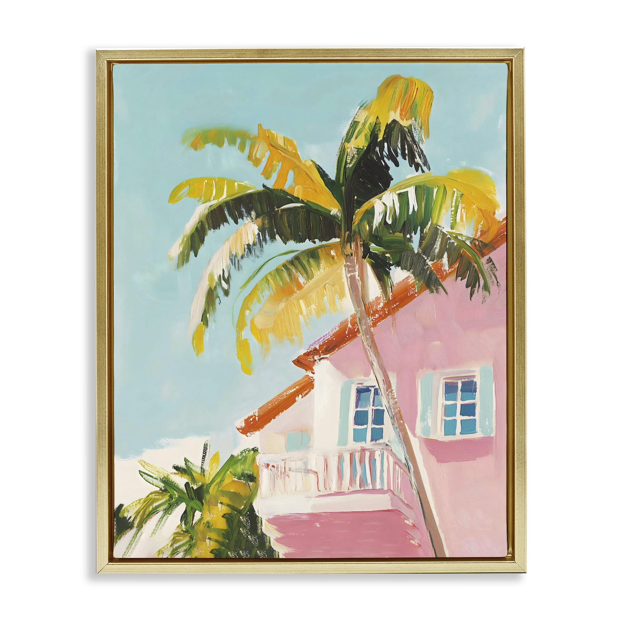 Stupell Industries Pink House Palm Tree Gold Framed Floater Canvas Wall Art, design by The Prints Vibe