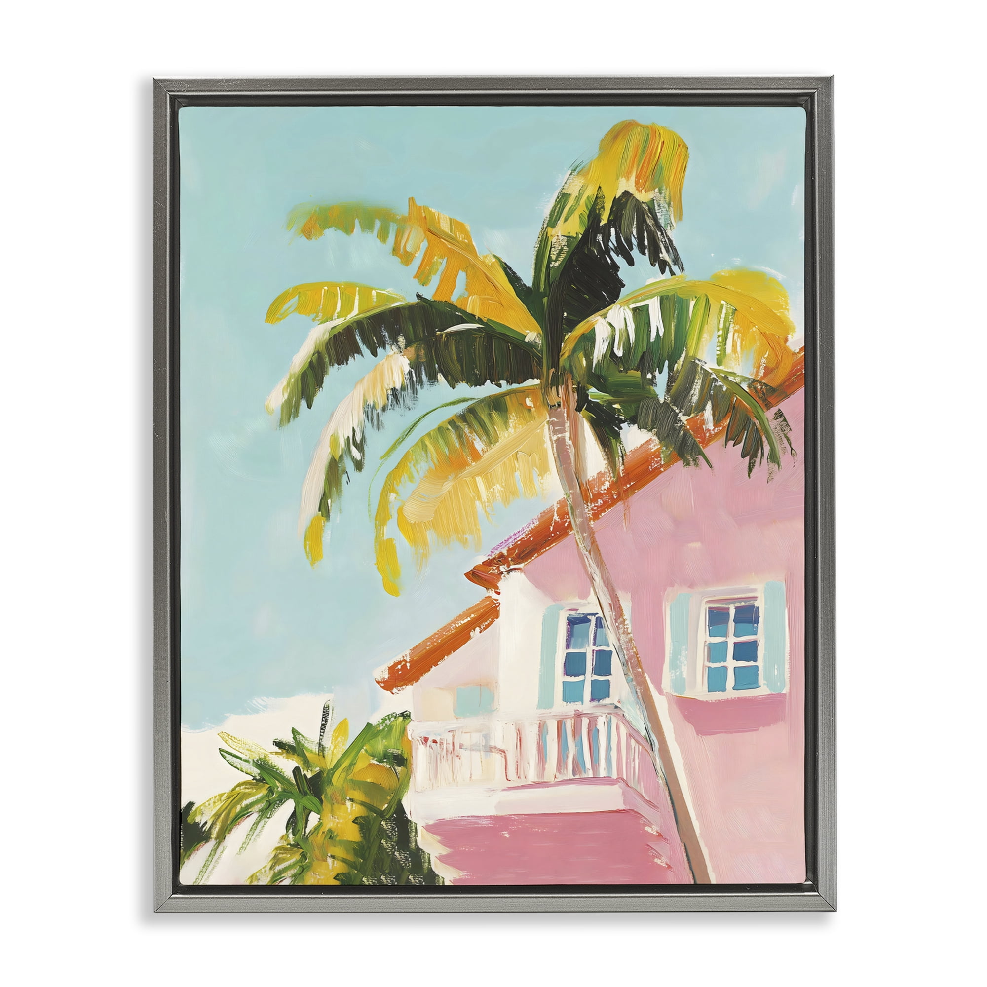 Stupell Industries Pink House Palm Tree Gray Framed Floater Canvas Wall Art, design by The Prints Vibe