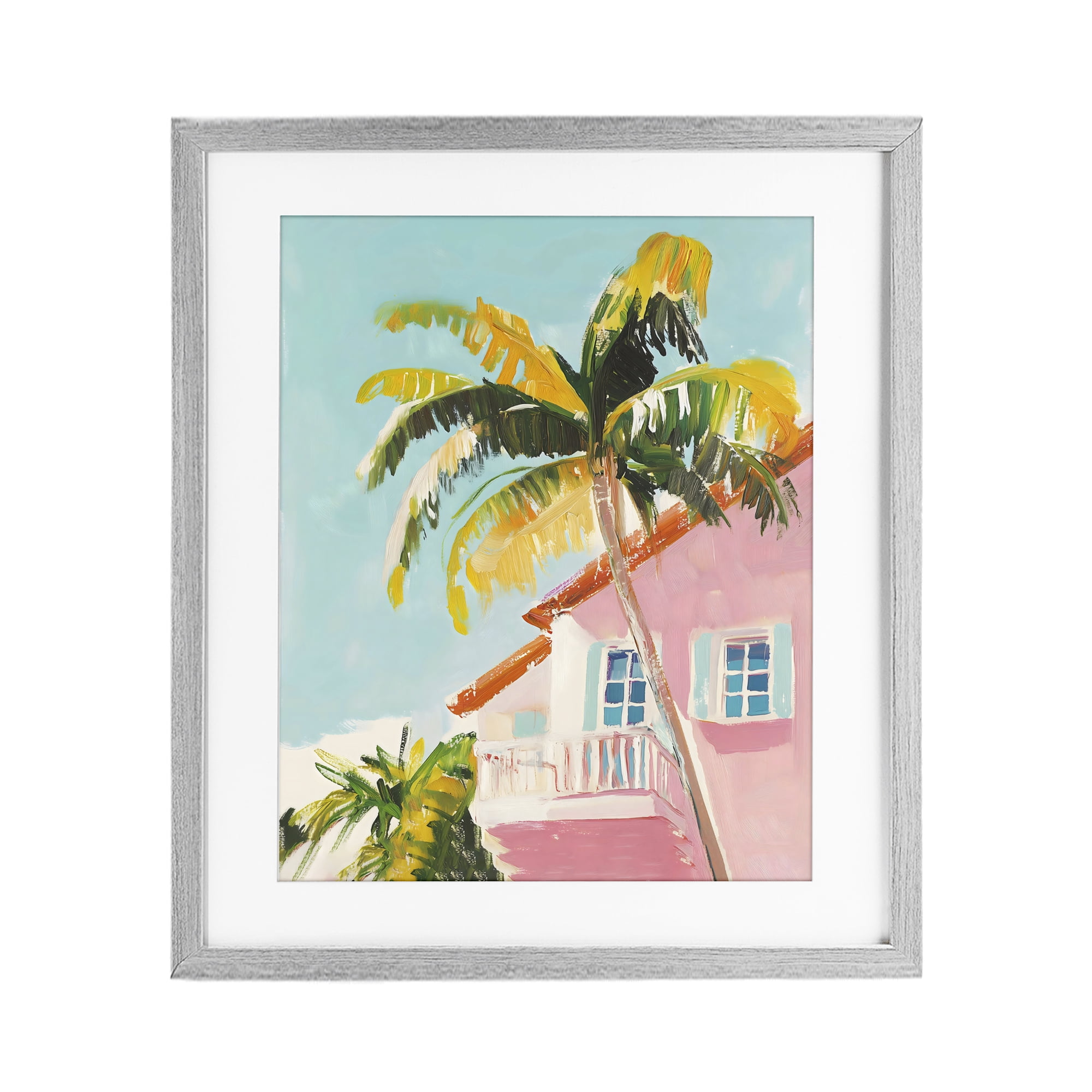 Stupell Industries Pink House Palm Tree Gray Framed Print Under Glass, design by The Prints Vibe