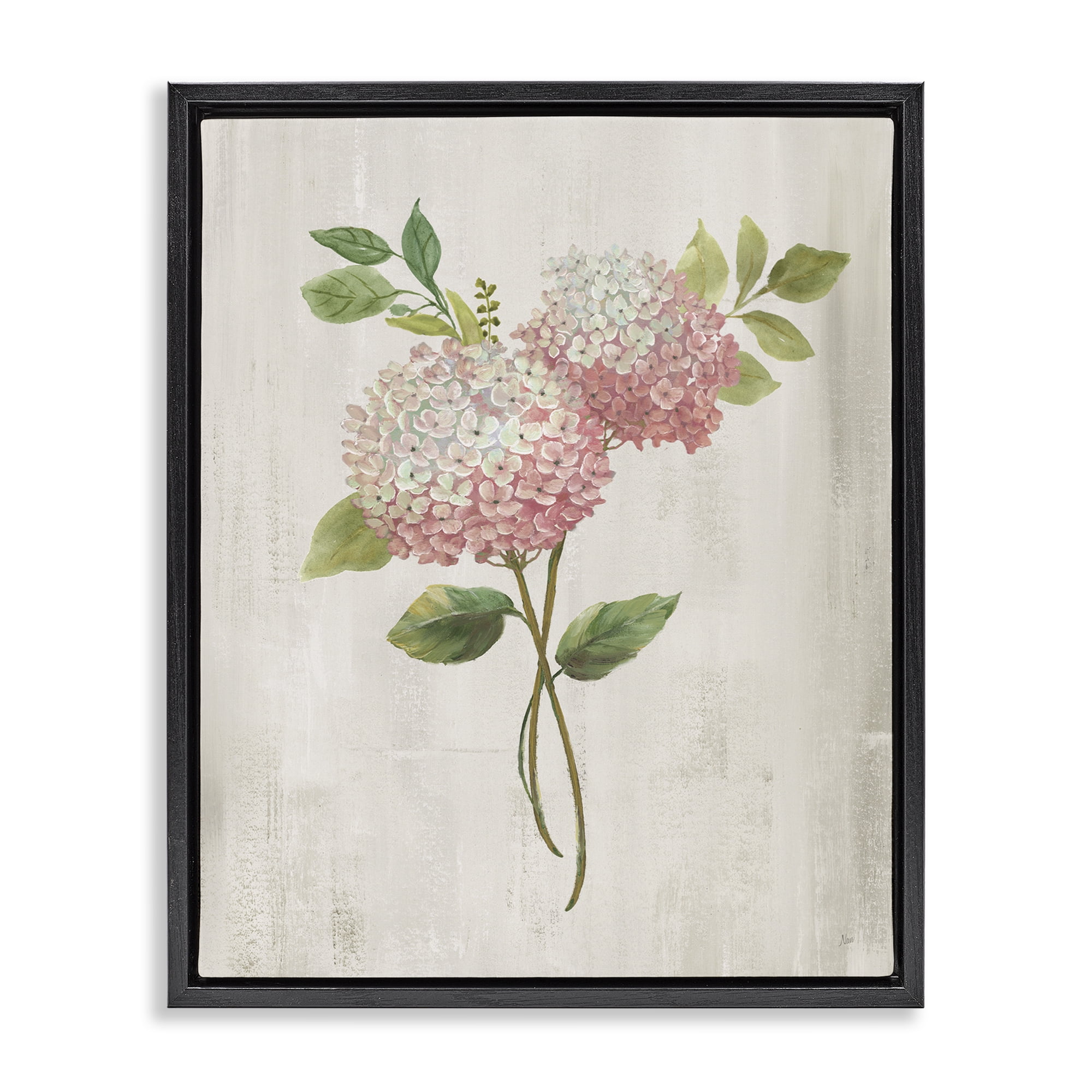 Stupell Industries Pink Hydrangea Paired Stems Black Framed Floater Canvas Wall Art, design by Nan